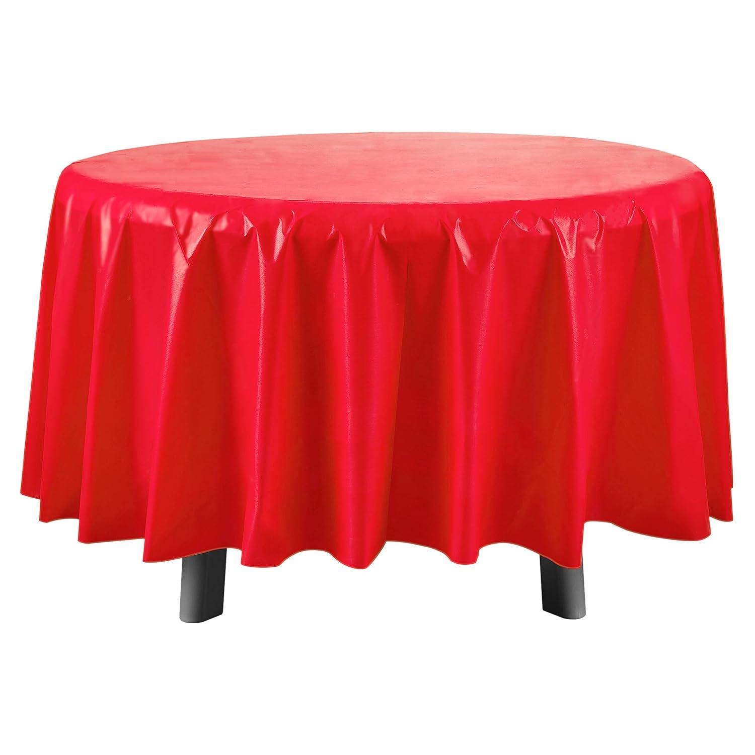Crown Display Premium Quality Plastic Tablecloth 84 Inch. Round- Red- 6 Packs