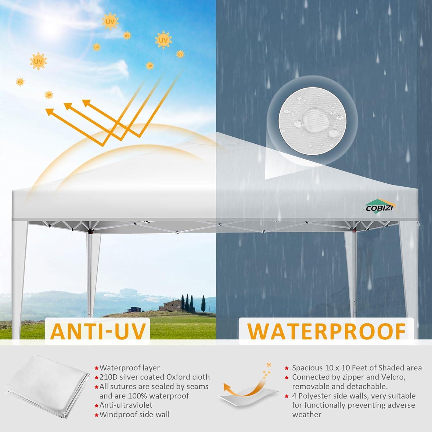 COBIZI 10x10ft Popup Canopy Waterproof Canopy with 4 Sidewalls Outdoor Commercial Instant Shelter Beach Camping Canopy Tent for Party,White