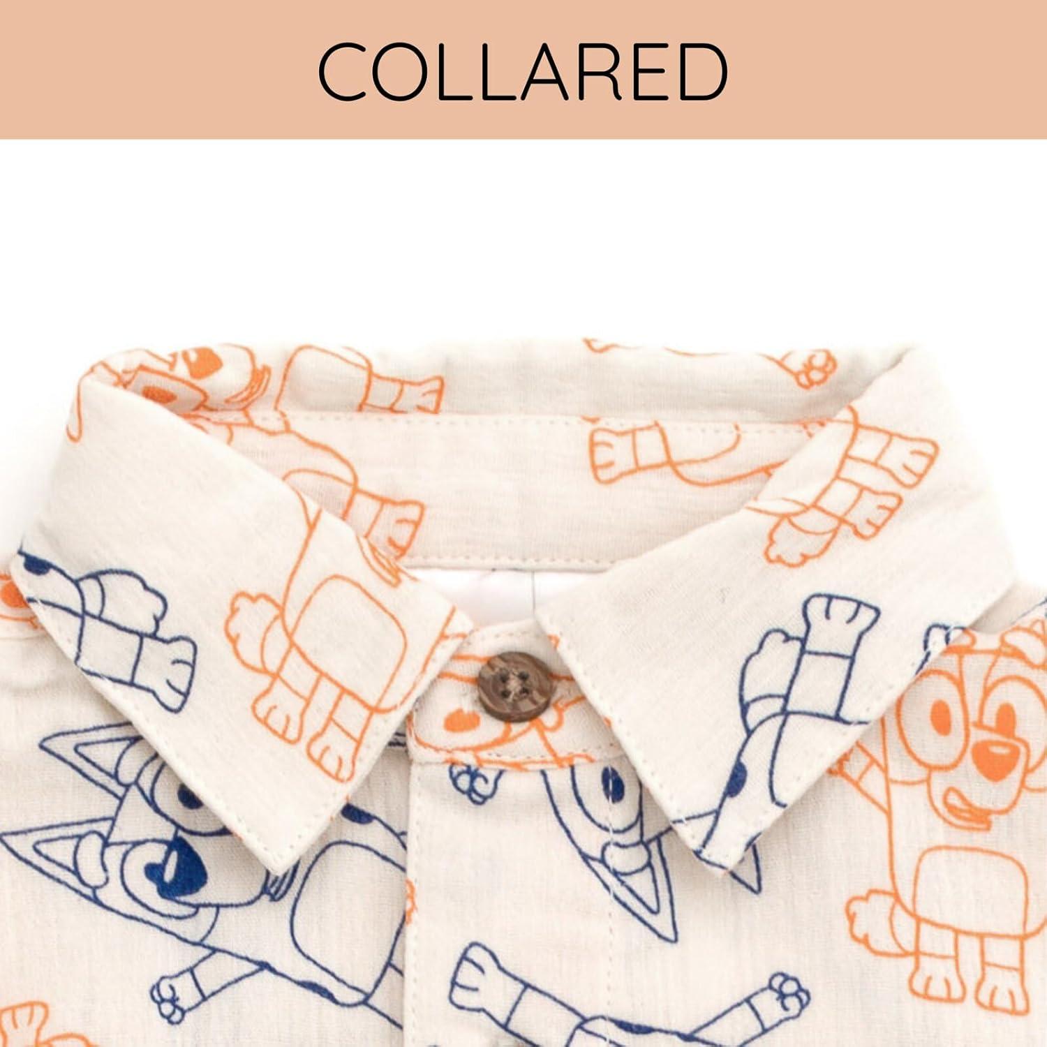 Bluey Bingo Little Boys Cotton Gauze Matching Family Button Down Shirt and Shorts Outfit Set Boy's Shorts Set 7-8
