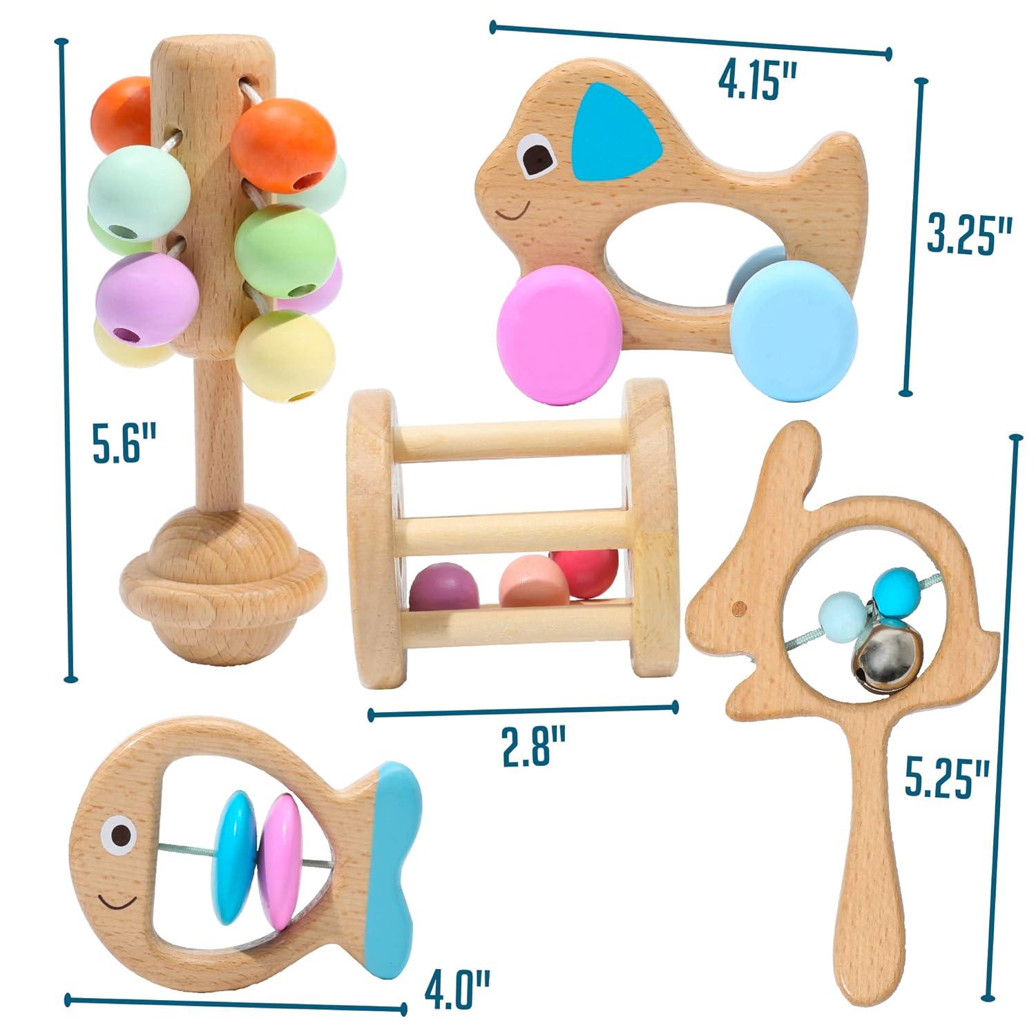 Montessori Mama Wooden Toys for Babies 5-Piece Collection - Multi-Sensory Learning Rattle for Babies - Infant Wooden Toy Set Baby Weights Toys - Teether