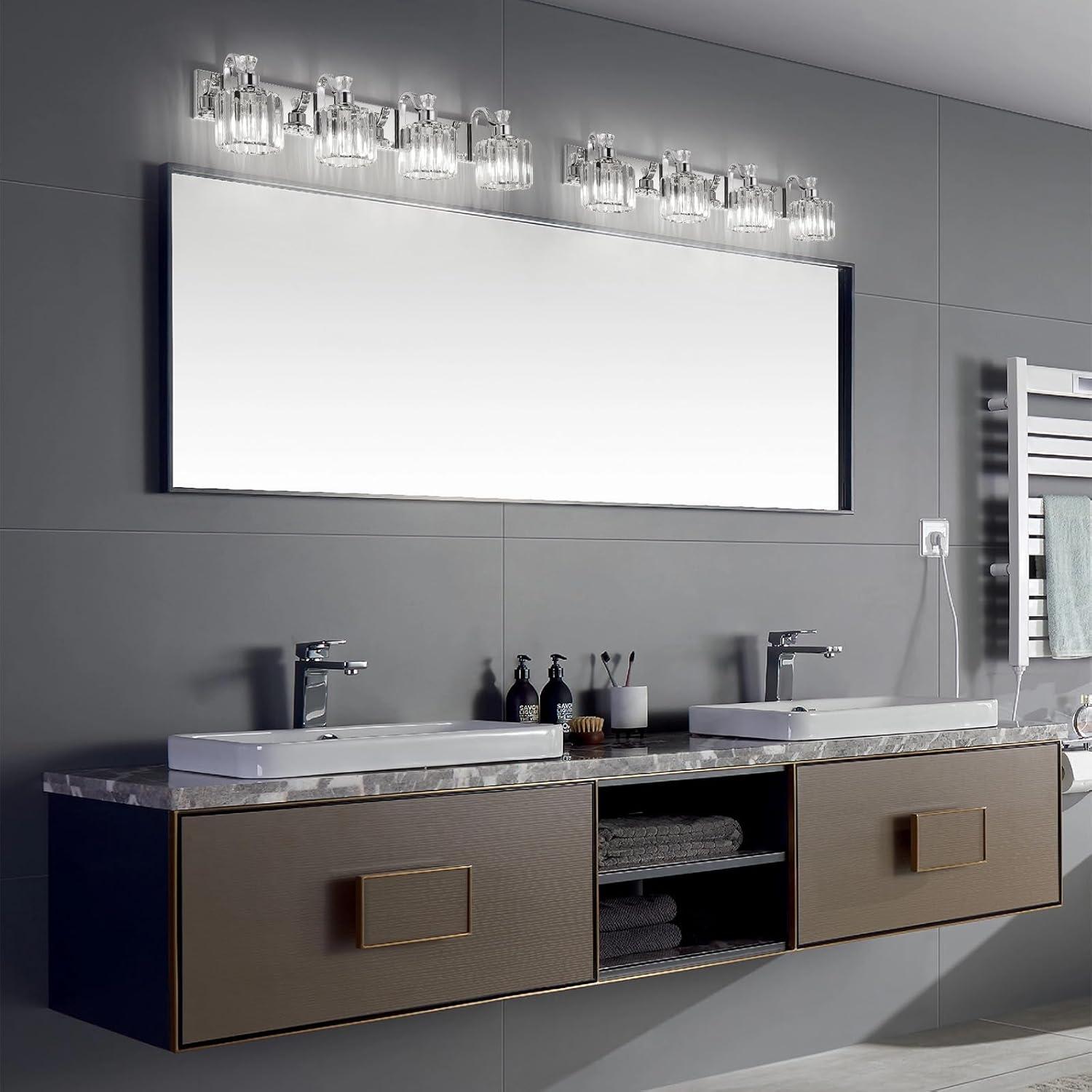 GAOMON LED Modern Crystal Bathroom Vanity Lights Over Mirror, Chrome Bathroom Light Fixtures Wall Light (4-Light)