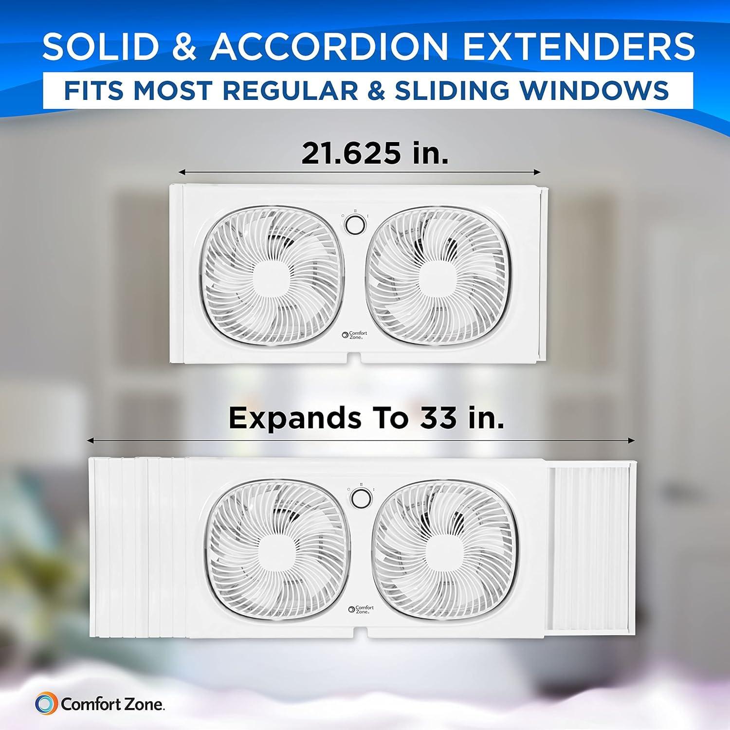 Comfort Zone 9" Twin Window Fan, 2 Speeds, Rotating Heads, Bug Screen
