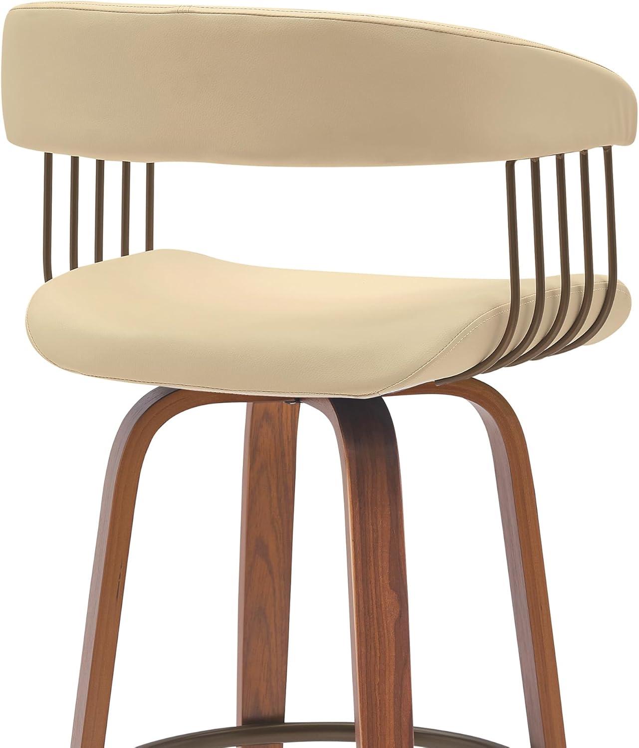 Topanga 26" Swivel Walnut Wood Counter Stool in Cream Faux Leather with Golden Bronze Metal