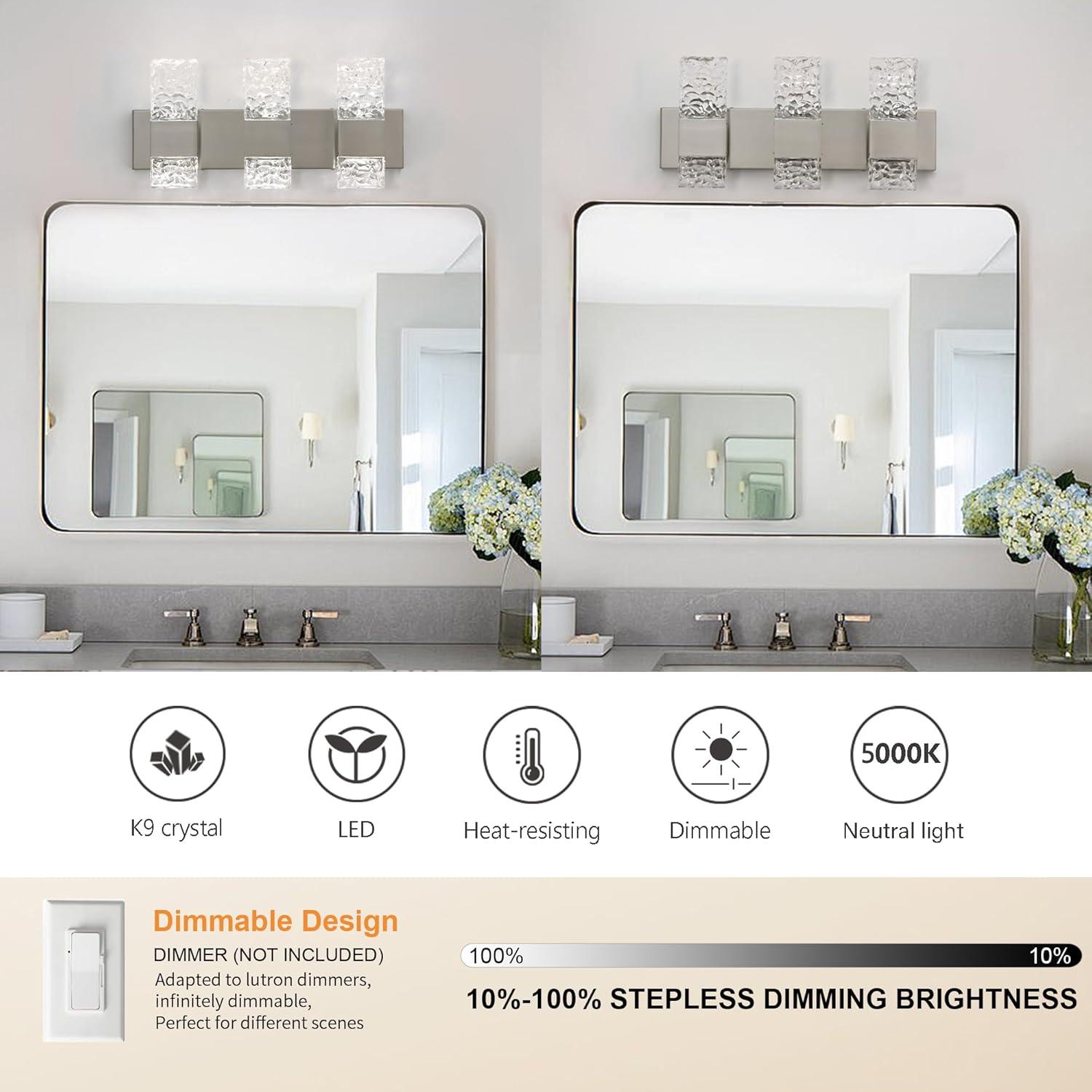 Modern Bathroom Vanity Light fixtures Over Mirror Brushed Nickel Crystal LED Bathroom Lighting fixtures 3 Lights 6000K