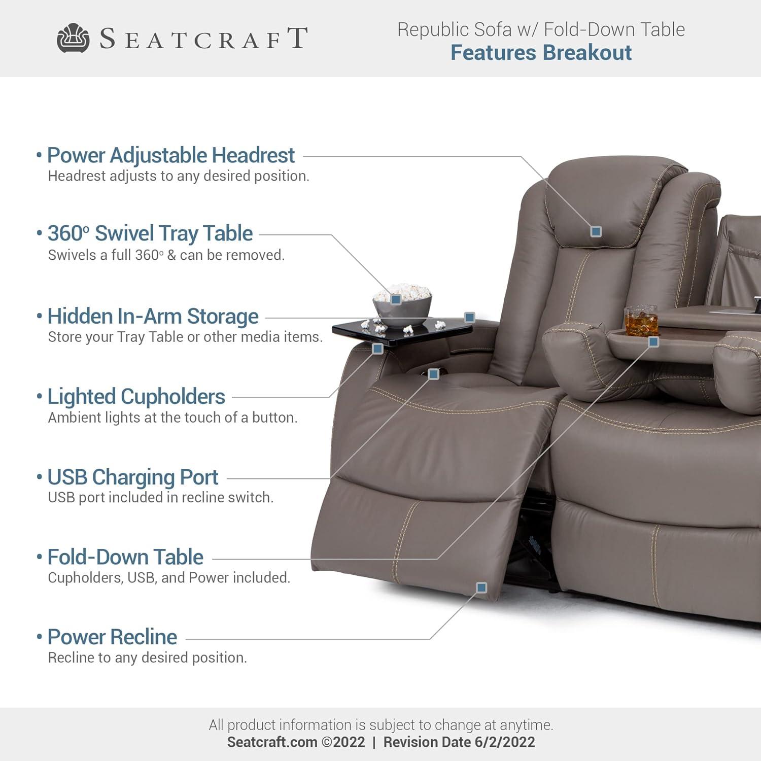 Seatcraft Republic Italian Leather Home Theater Furniture, Living Room, Power Headrest, Power Recline (Sofa with Fold-Down Table, Black)