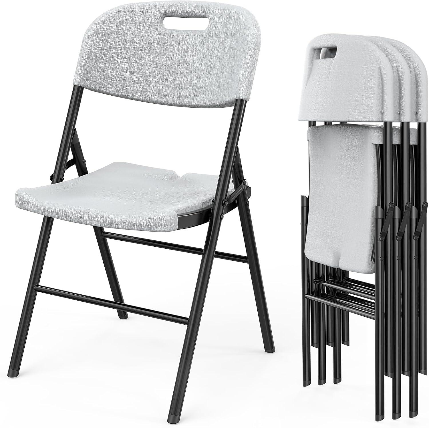 Hassch Plastic Folding Chairs Set of 4, Indoor Outdoor Stackable Chairs with White Seat & Back, Black Steel Frame, Used for Party, Garden, Patio, Dining, Wedding, Camping