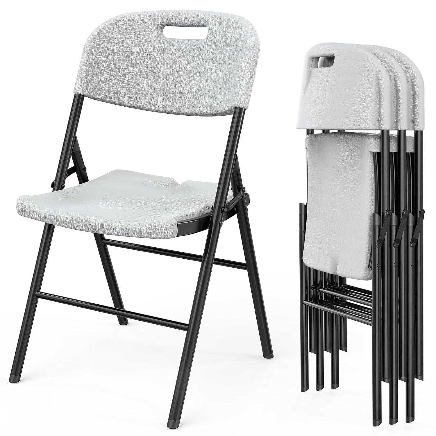 Hassch Plastic Folding Chairs Set of 4, Indoor Outdoor Stackable Chairs with White Seat & Back, Black Steel Frame, Used for Party, Garden, Patio, Dining, Wedding, Camping