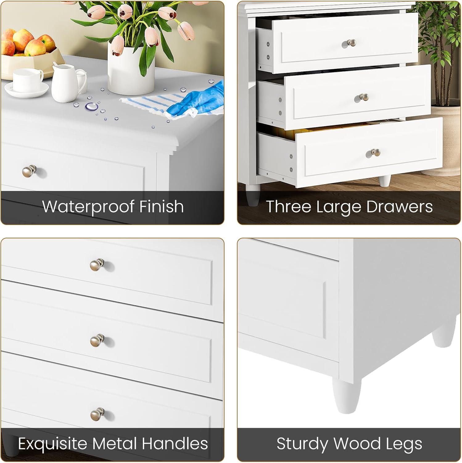 AWQM 3 Drawers Nightstand, with Wood Legs,Modern White Drawers Dresser Bedside Nightstand,Ideal for Bedroom,Living Room, 15.75" D x 21.65" W x 23.6" H,White