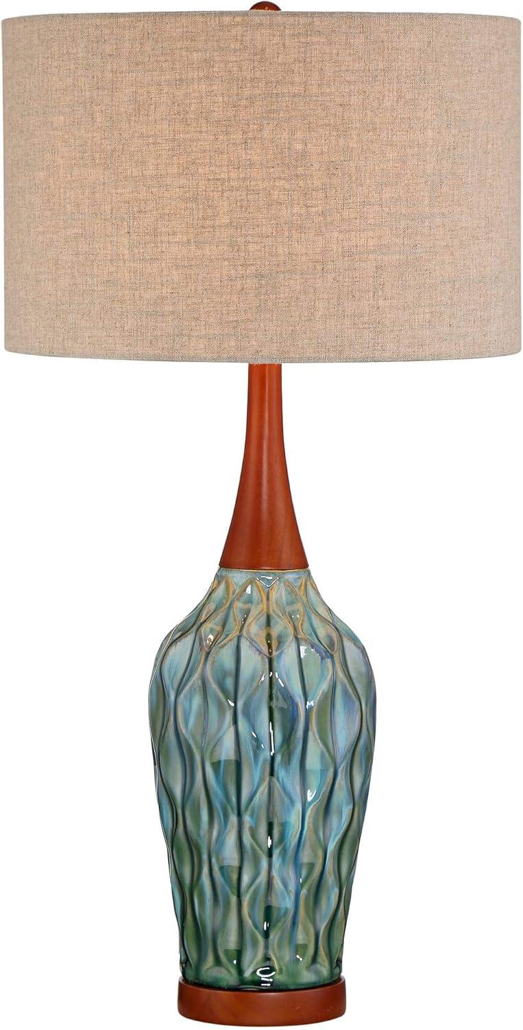 360 Lighting Rocco Modern Mid Century Table Lamp 30" Tall Blue Teal Glaze Ceramic Linen Drum Shade for Bedroom Living Room Bedside Nightstand Office