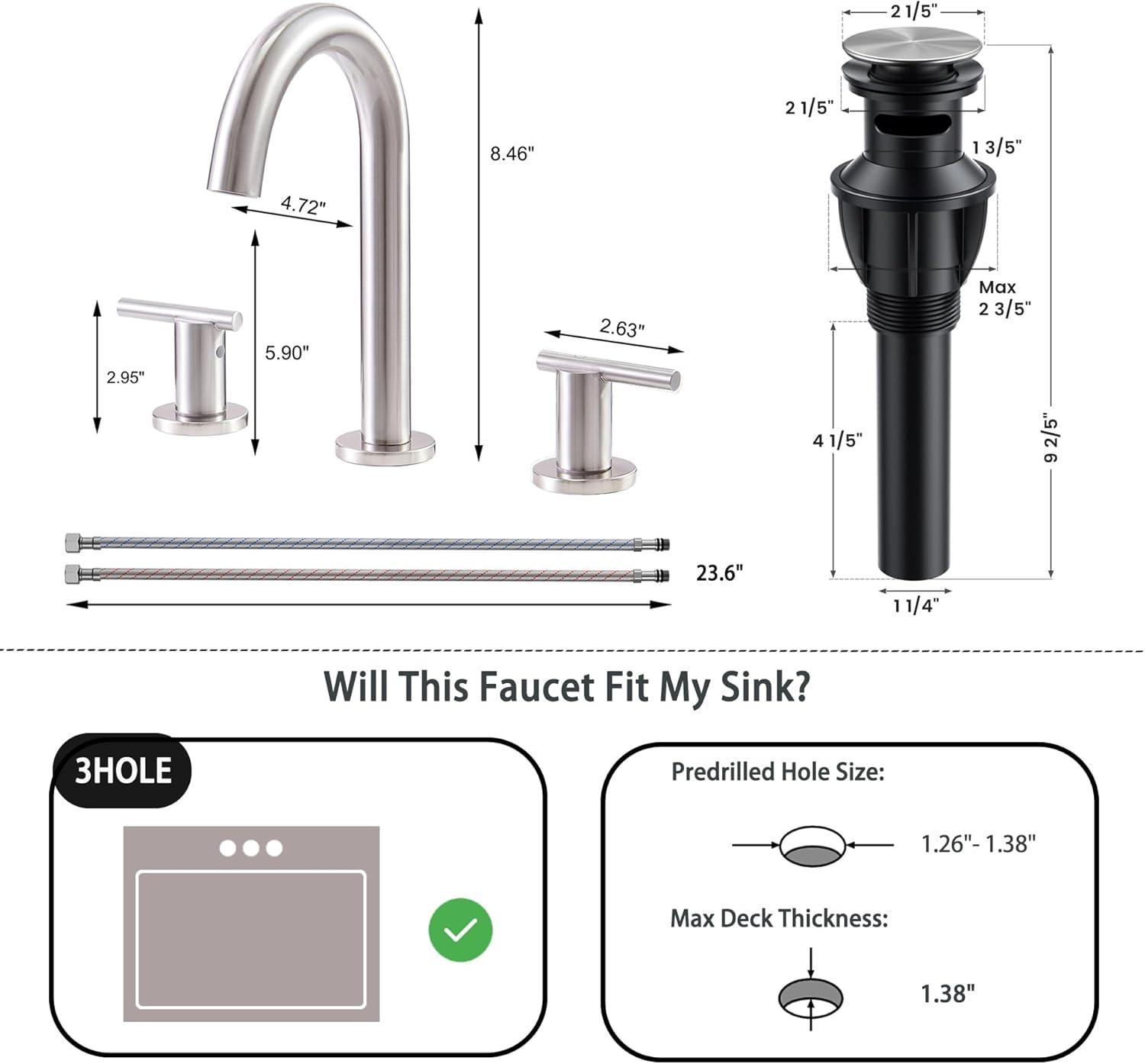 VAPSINT Black Bathroom Faucet 3 Hole, 8 Inch Widespread Matte Black Waterfall Bathroom Sink Faucet, 2 Handle Lavatory Vanity Faucet for Bathroom Sink with Pop Up Drain & Supply Hoses