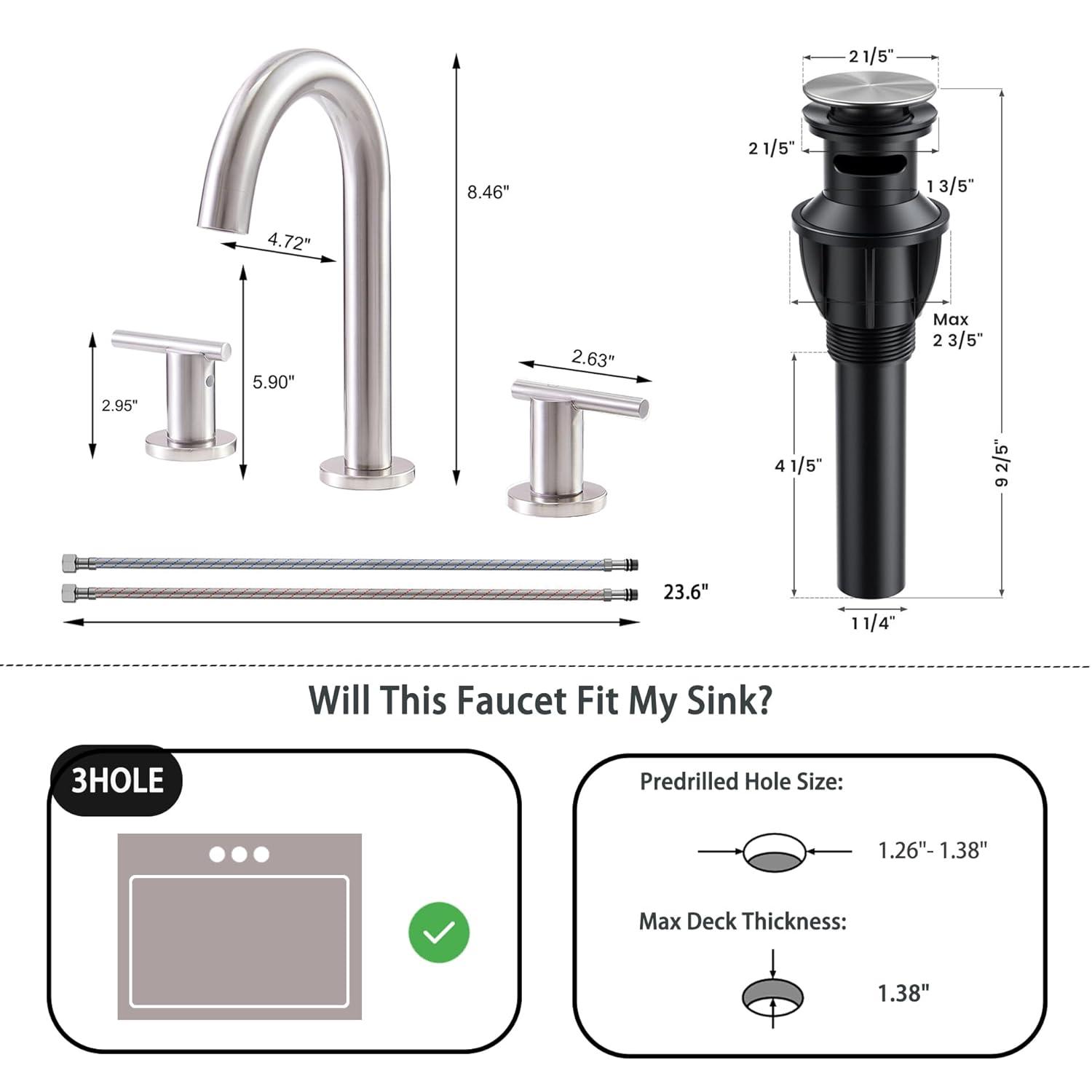 VAPSINT Black Bathroom Faucet 3 Hole, 8 Inch Widespread Matte Black Waterfall Bathroom Sink Faucet, 2 Handle Lavatory Vanity Faucet for Bathroom Sink with Pop Up Drain & Supply Hoses