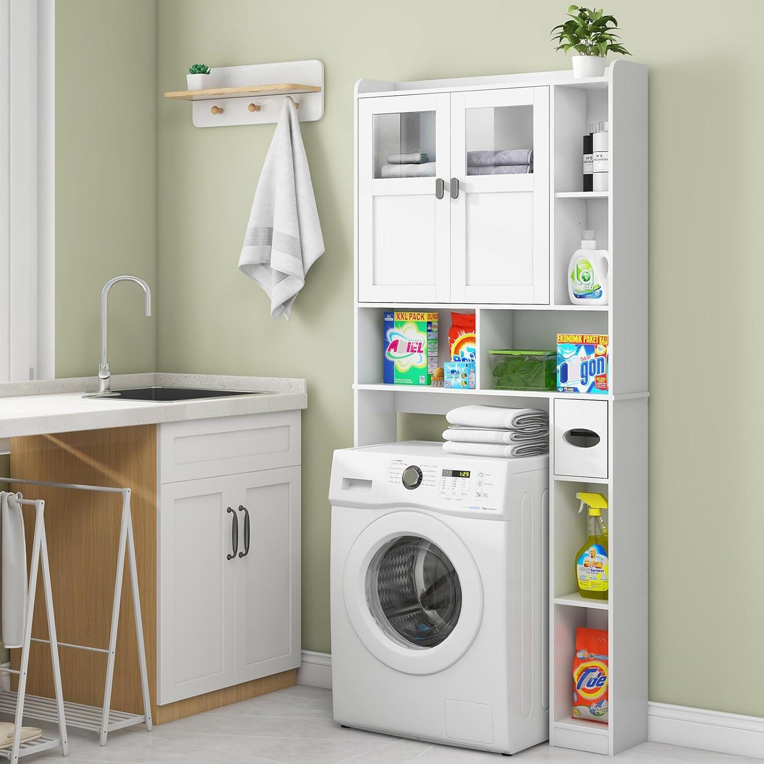 White Adjustable Over-the-Toilet Storage Cabinet with Glass Doors