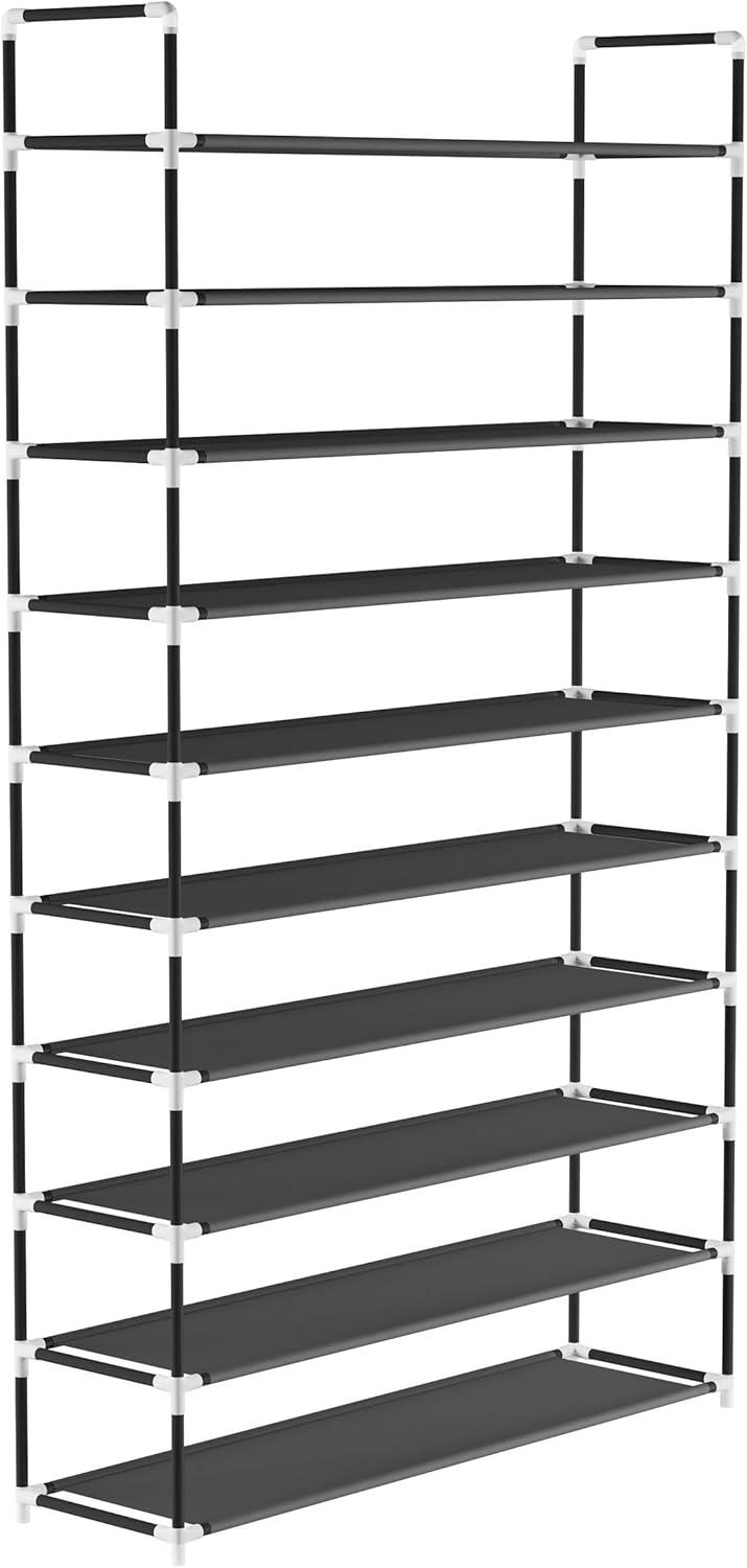 Black 10-Tier Metal and Fabric Shoe Rack