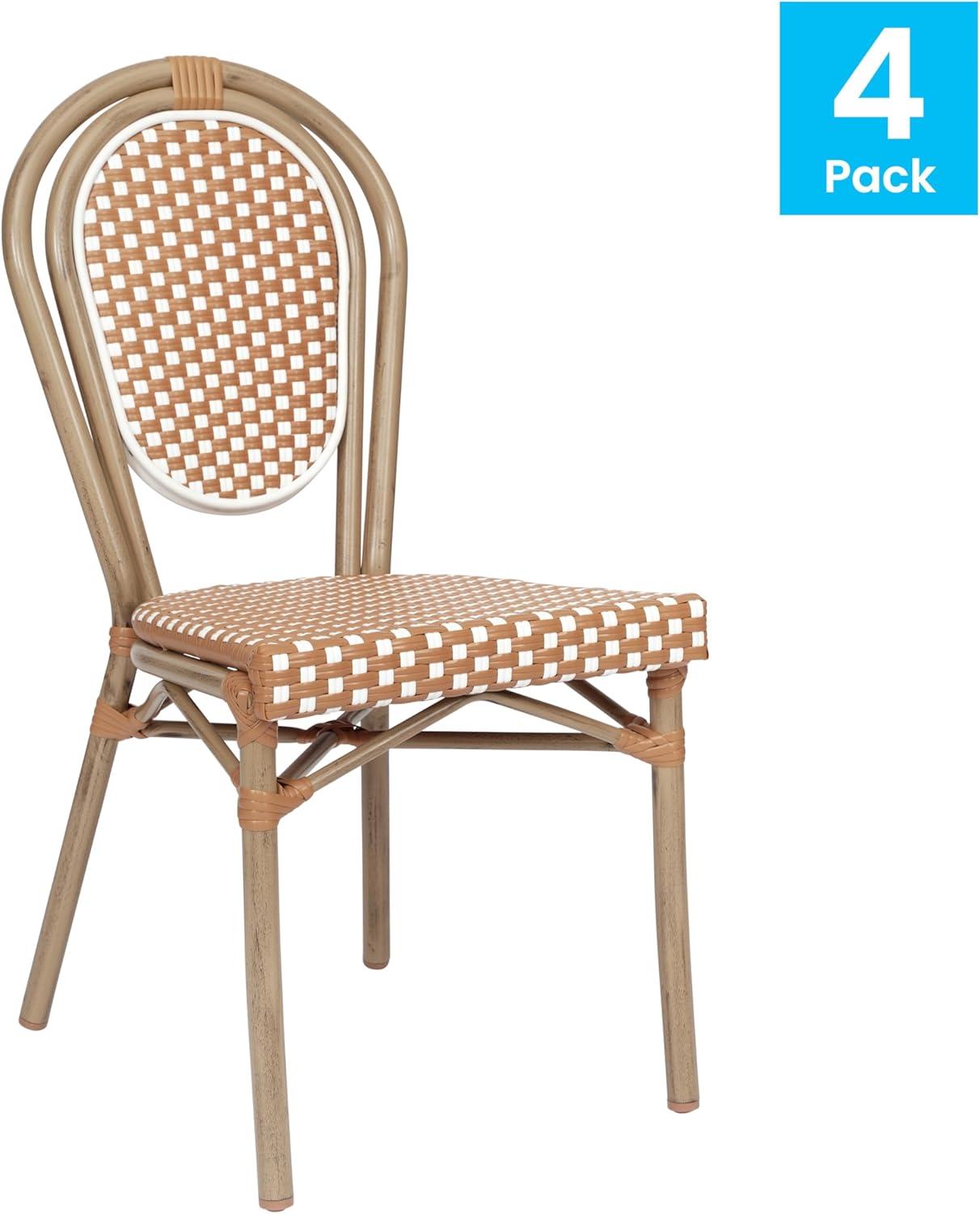 Flash Furniture 4 PK Lourdes Indoor/Outdoor Commercial Thonet Bistro Stack Chair, Natural/White PE Rattan & Bamboo Print Aluminum Frame in Light Nat