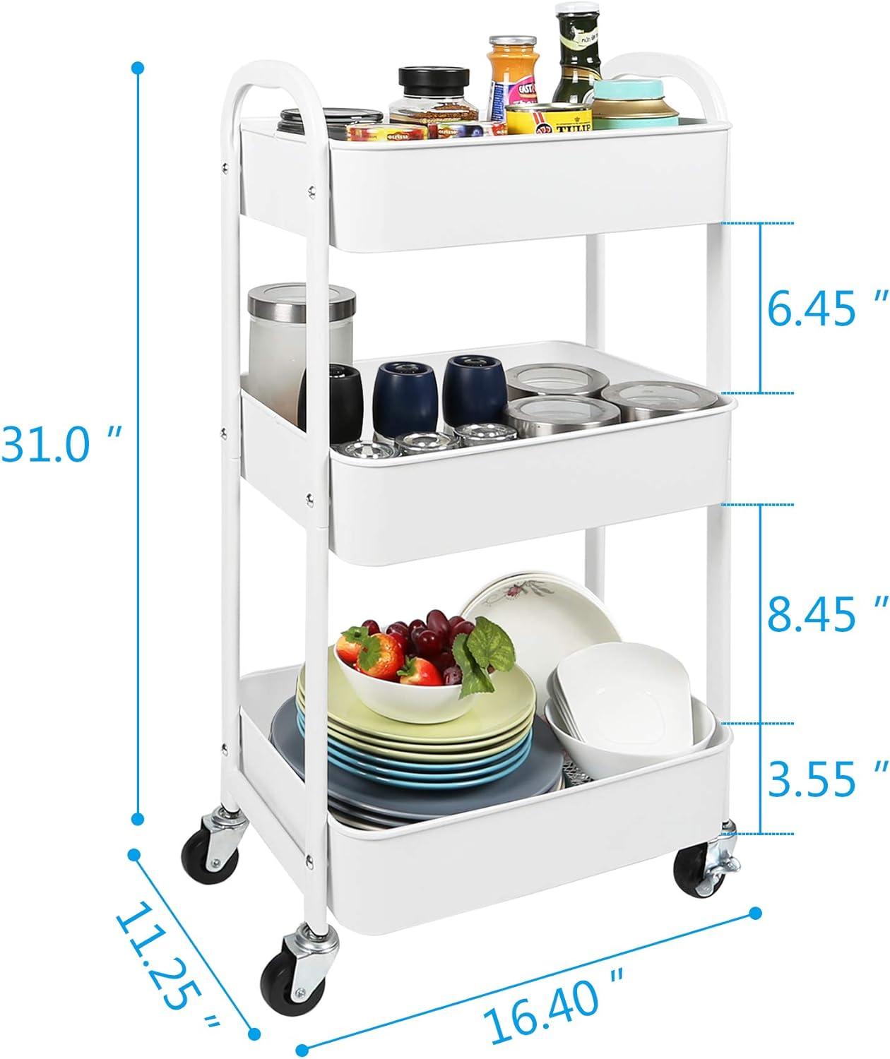 White Metal 3-Tier Rolling Utility Cart with Wheels