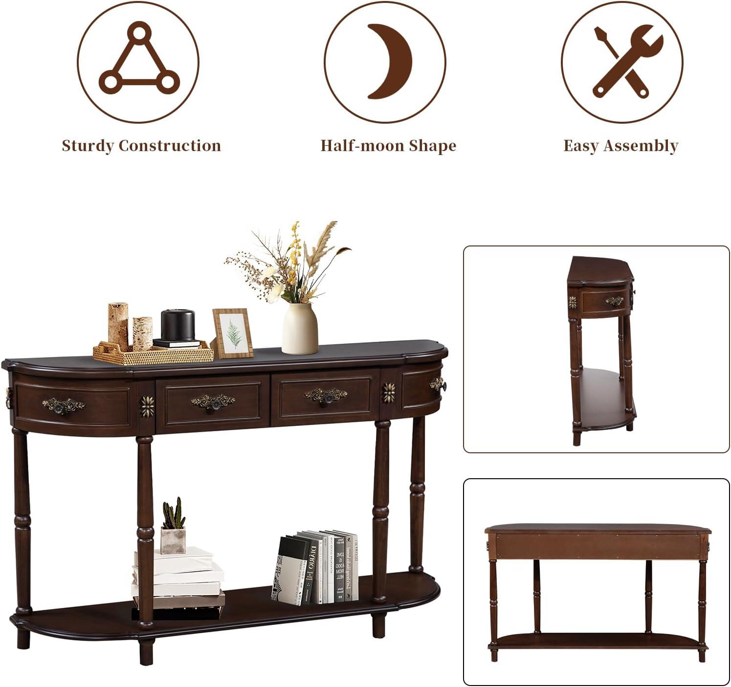 52" Espresso Wood Demilune Console Table with Storage