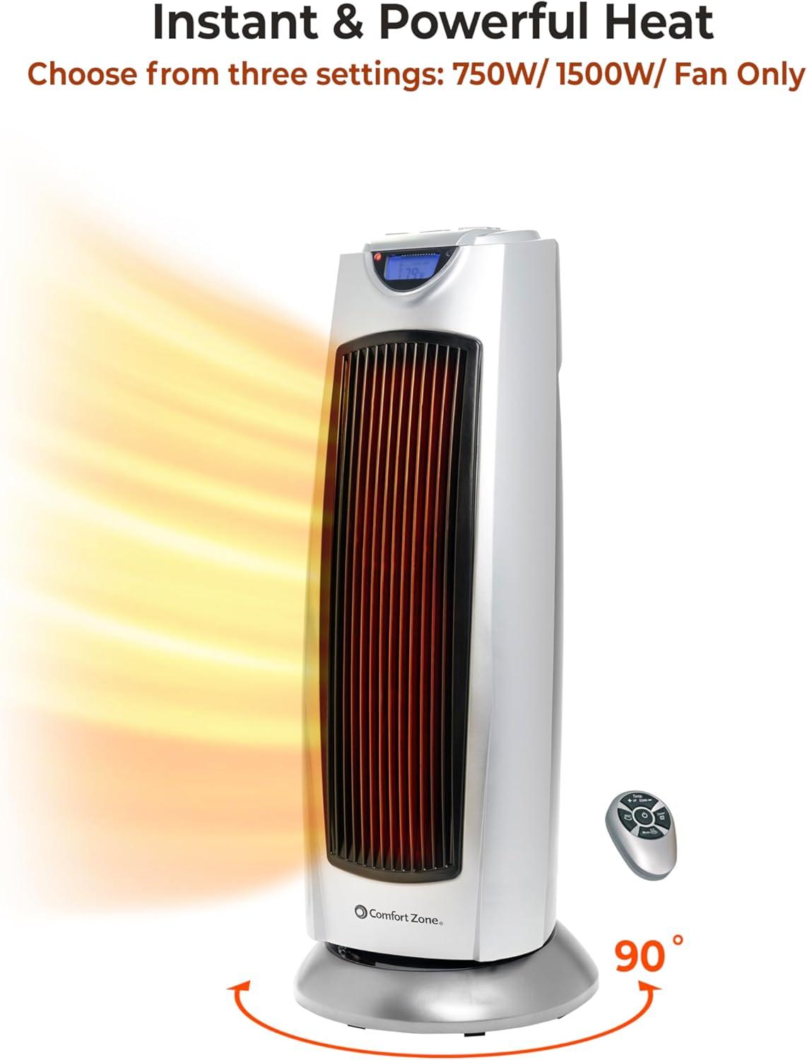 Comfort Zone Portable 1500W Ceramic Oscillating Digital Tower Space Heater