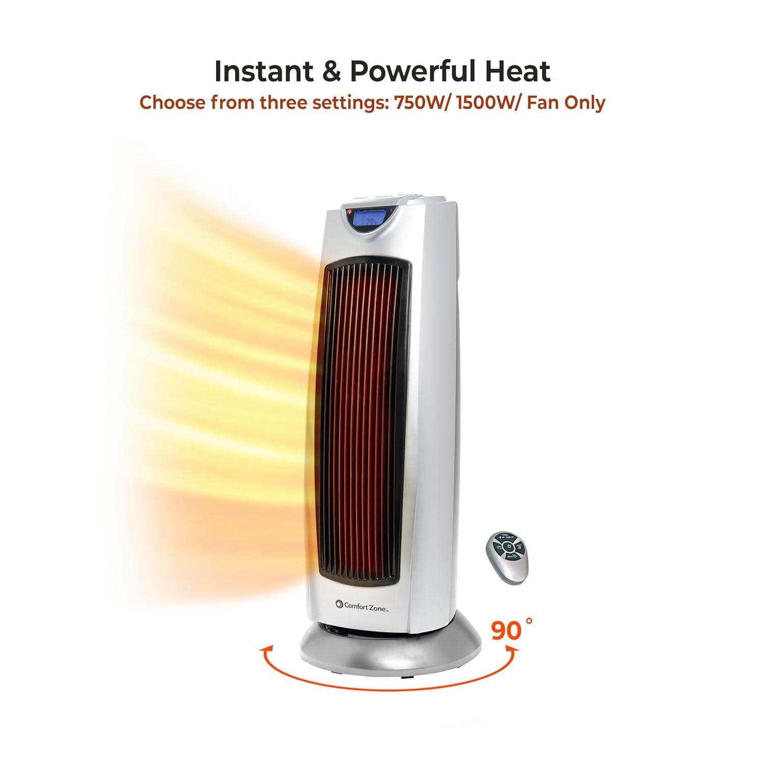 Comfort Zone Portable 1500W Ceramic Oscillating Digital Tower Space Heater