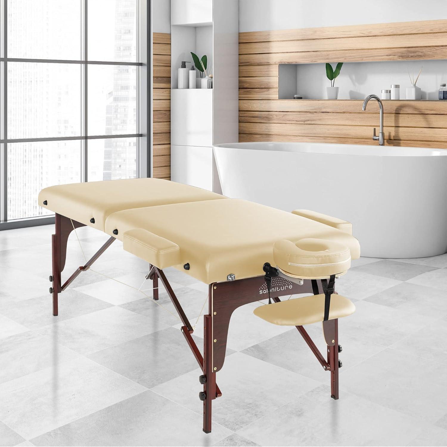 Saloniture Professional Portable Lightweight Bi-Fold Massage Table with Reiki Panels - Cream