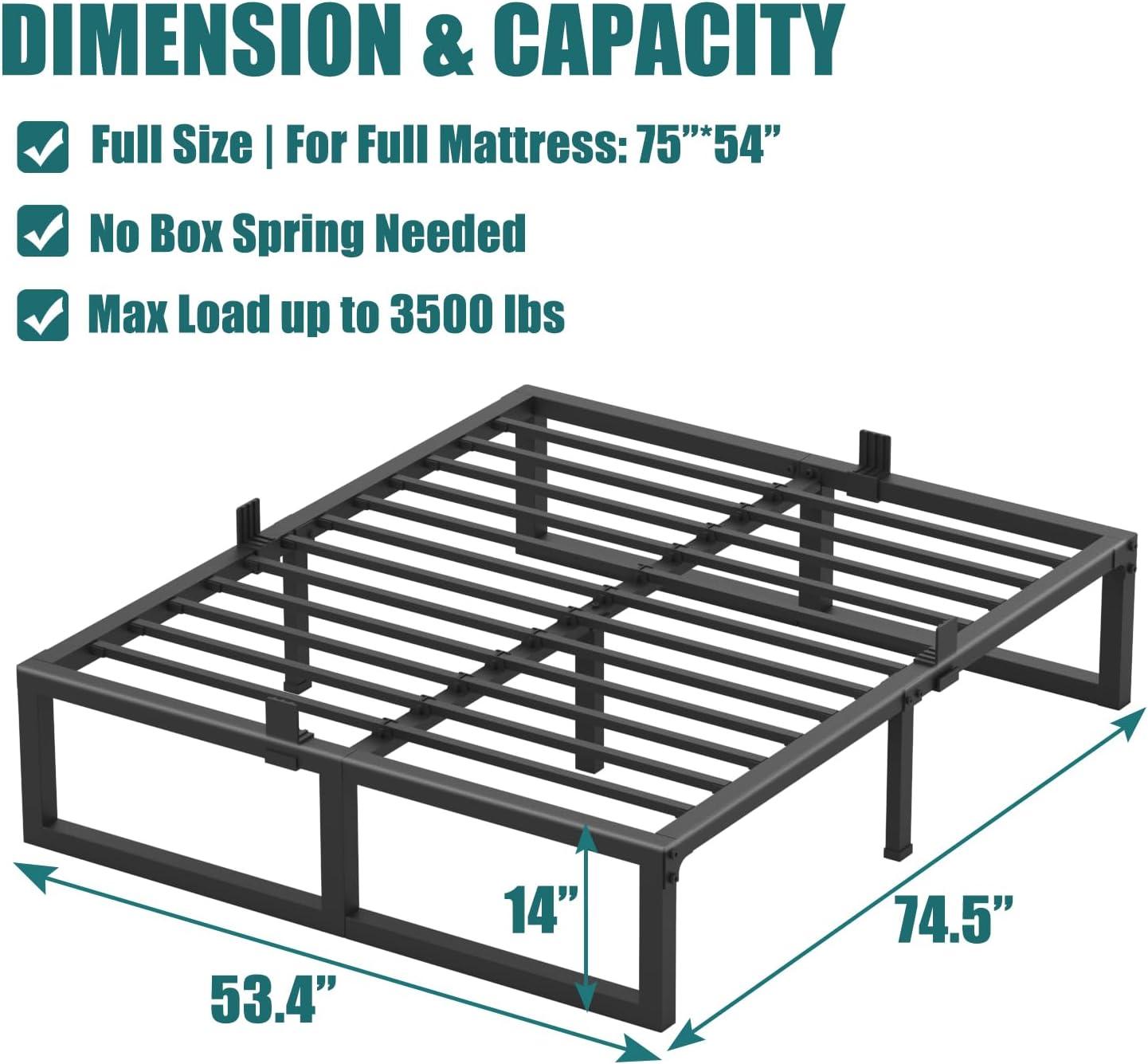 Full Size Matte Black Metal Bed Frame with Slats