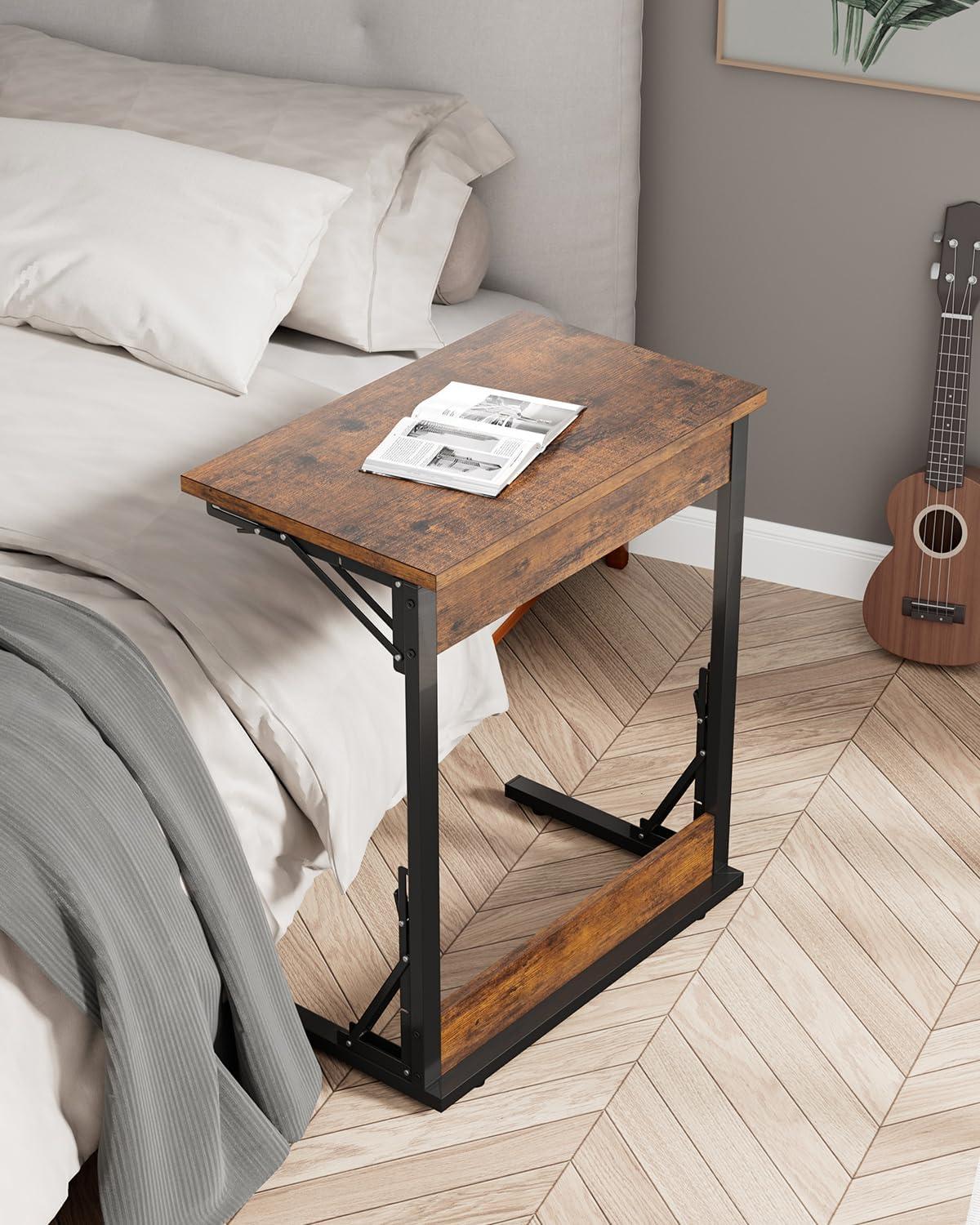Folding TV Tray Table, 24" Wide C-Shaped End Table for Couches, Small Sofa-Side Laptop Desk with Metal Frame for Living Room, Bedroom, Rustic Brown