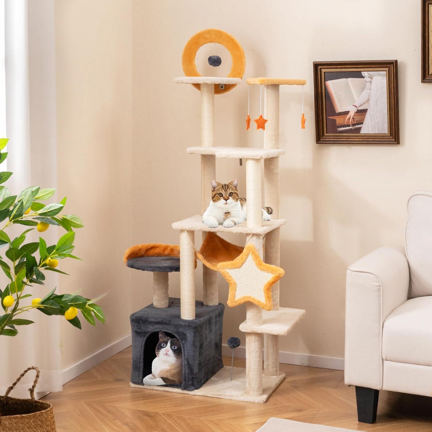 PawHut Cat Tree, 63 Inch Moon and Star Themed Cat Tower with Scratching Post, Hammock, Condo, Bed, Scratching Board & Cat Toys, Beige