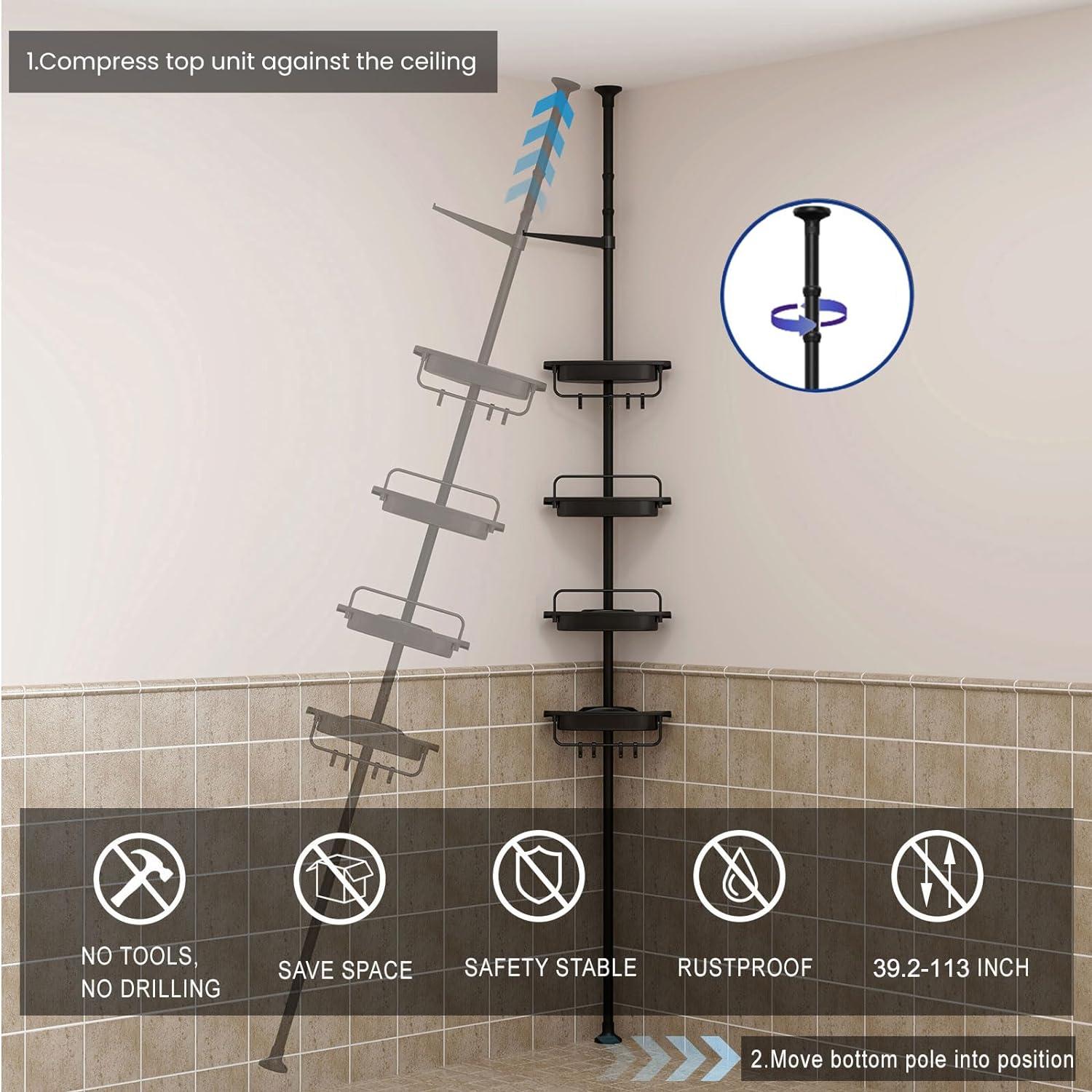 Black Adjustable Rustproof Metal Shower Corner Caddy with 4 Shelves