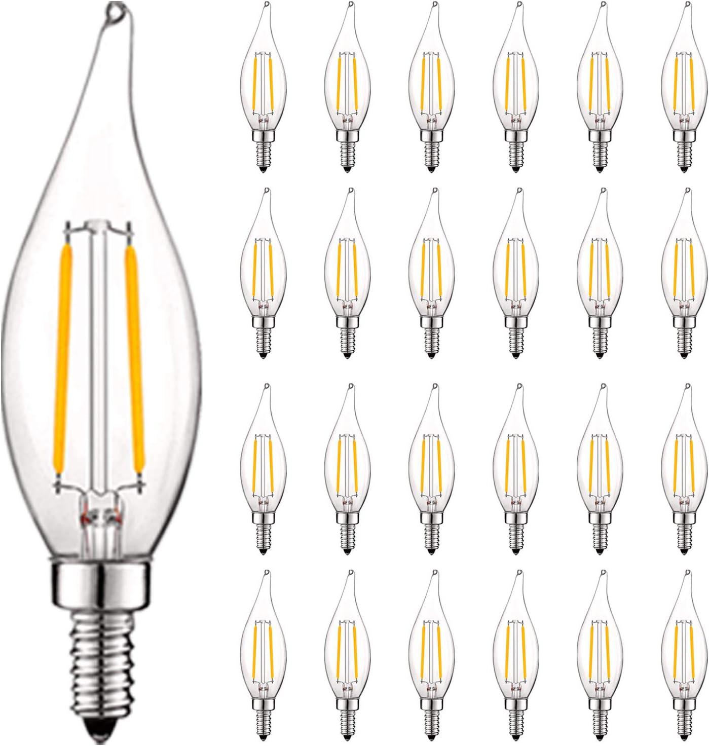 Luxrite 4W E12 Vintage Candelabra Dimmable LED Light Bulbs, 40W Equivalent 400 Lumens, 3000K Soft White, Flame Tip, 24-Pack