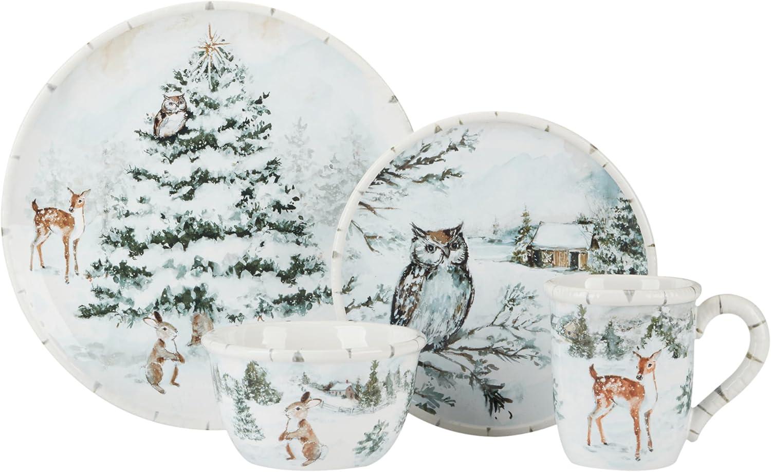 Winter's Frost 16pc Ceramic Dinnerware Set 4 Dinner 4 Dessert Plates 4 Mugs 4 Ice Cream Bowls