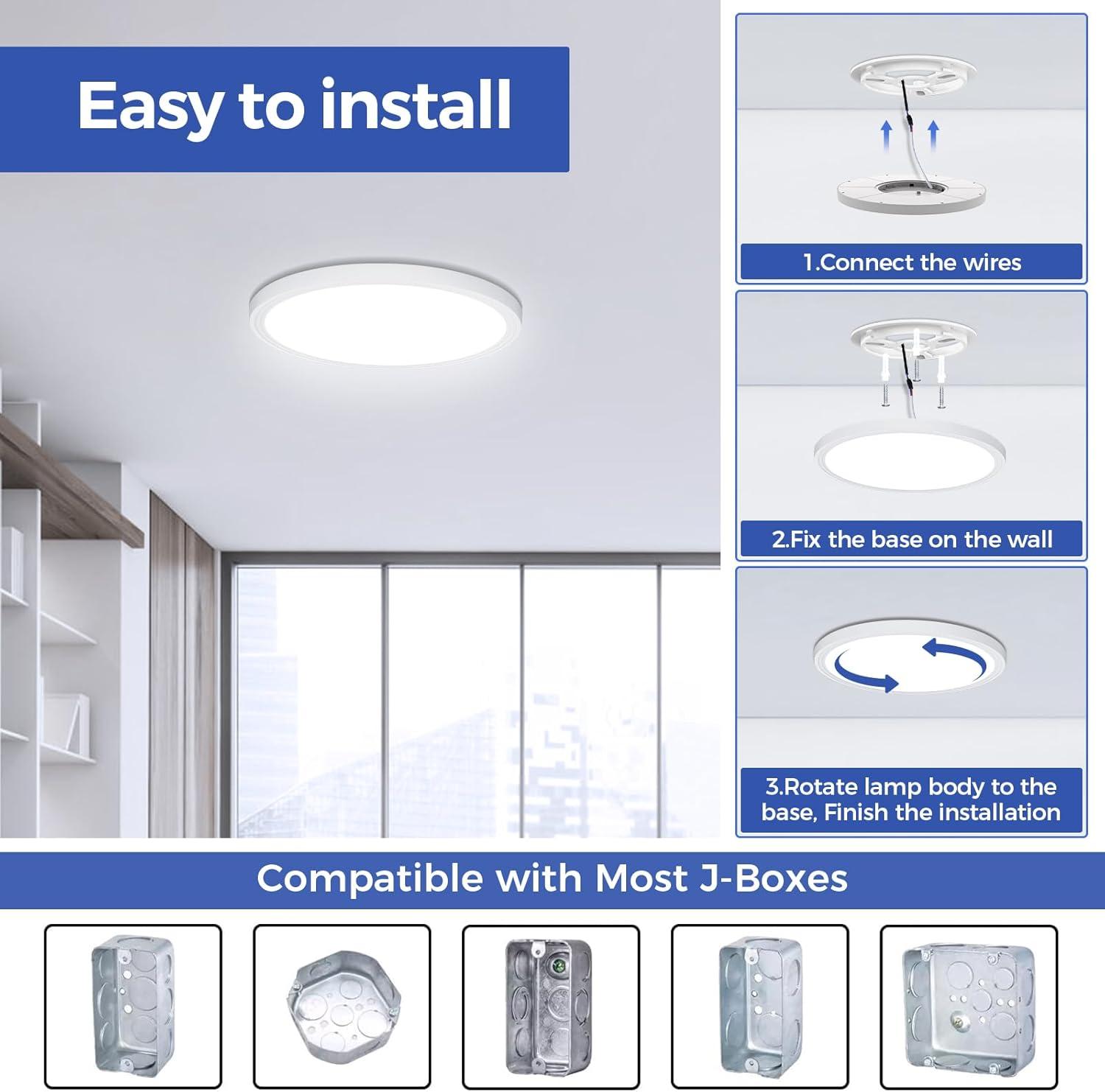 Flush Mount Ceiling Light Fixtures,24W Flat led Light for Ceiling,6000K 2200LM Ultra Thin Round White Lamp for Bedroom Kitchen,Bathroom,Garage,Living Room, Dining Room