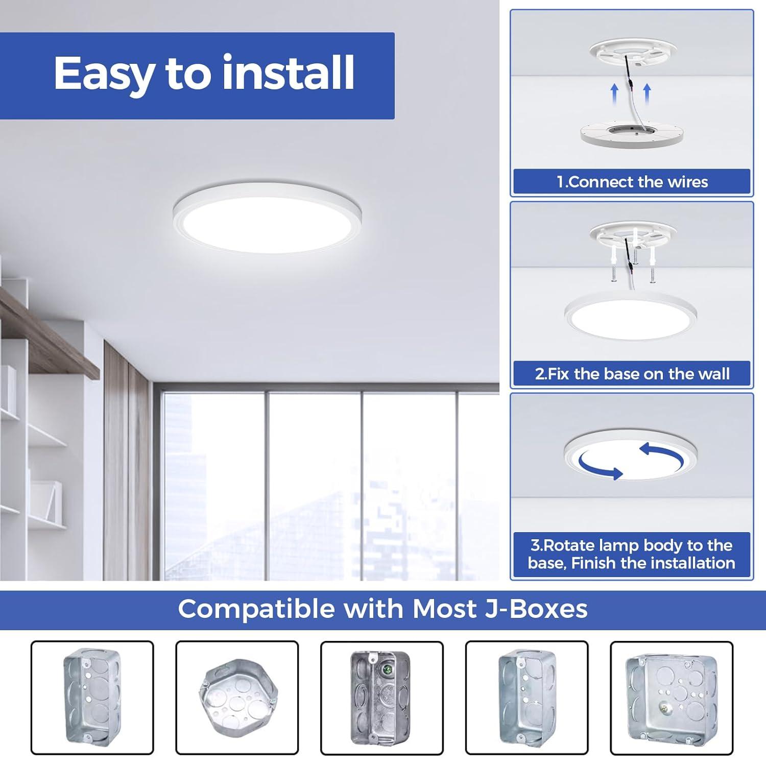 Flush Mount Ceiling Light Fixtures,24W Flat led Light for Ceiling,6000K 2200LM Ultra Thin Round White Lamp for Bedroom Kitchen,Bathroom,Garage,Living Room, Dining Room