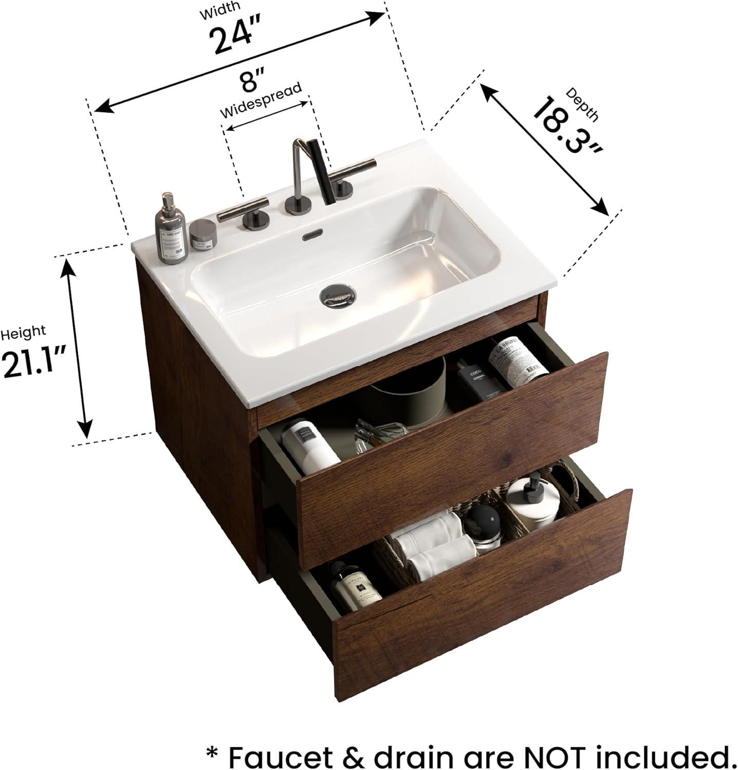 CITTANEO 24" Floating Modern Bathroom Vanity with 3-Hole Ceramic Sink in Walnut