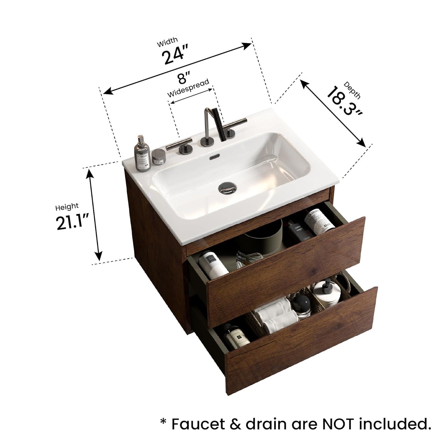 CITTANEO 24" Floating Modern Bathroom Vanity with 3-Hole Ceramic Sink in Walnut