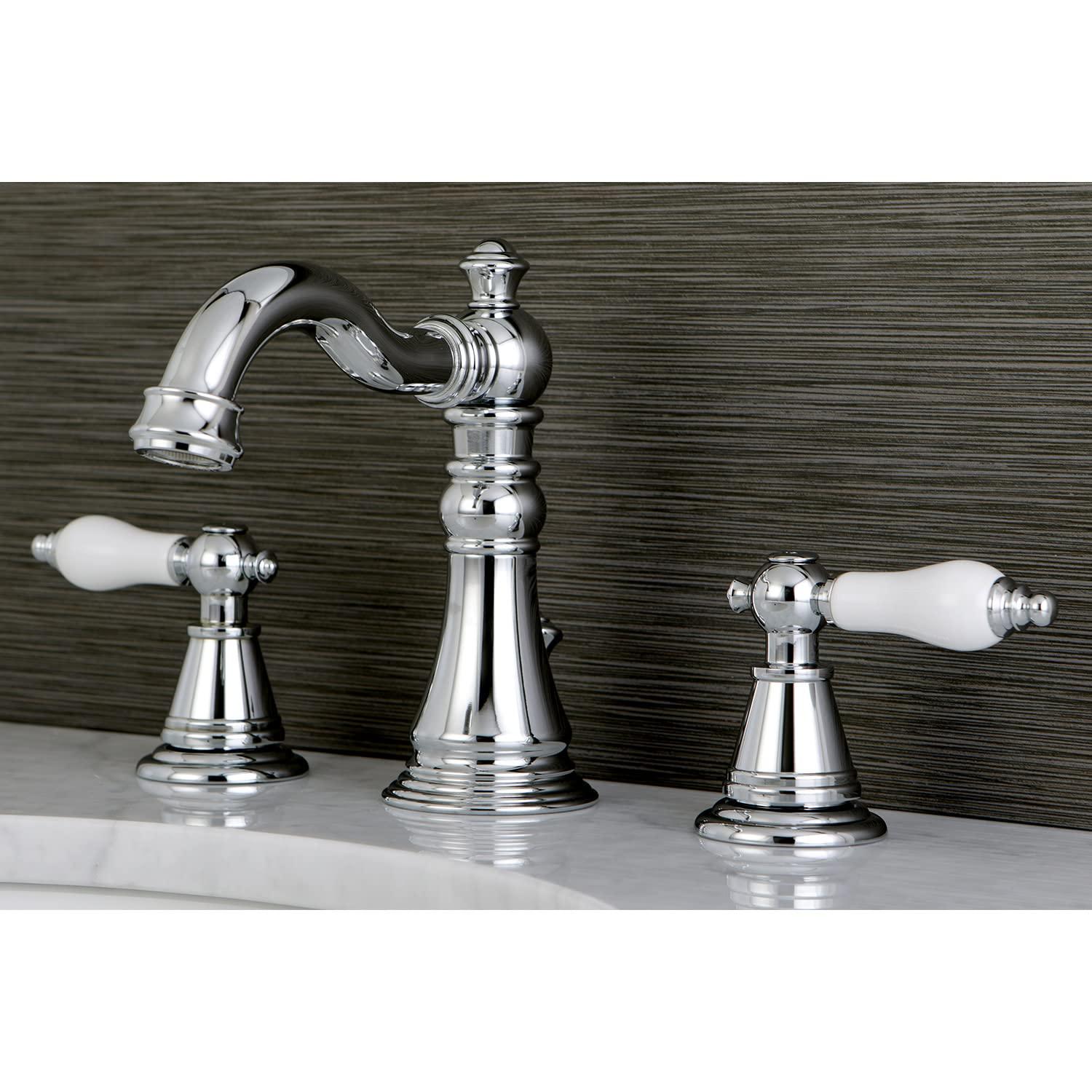 Kingston Brass English Classic Two-Handle 3-Hole Deck Mount Widespread Bathroom Faucet with Brass Pop-Up Drain