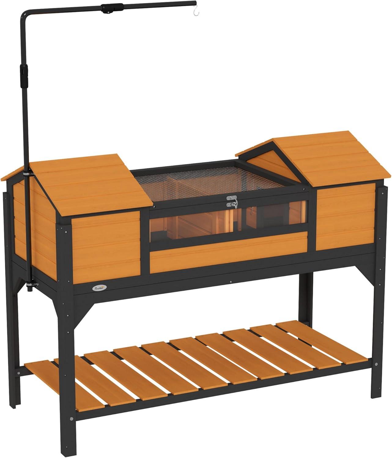 PawHut Tortoise Habitat with Adjustable Lamp Holder, Wooden Tortoise Enclosure with Storage Shelf, Dual Main Houses, Fixed Tray, Openable Lid, Yellow