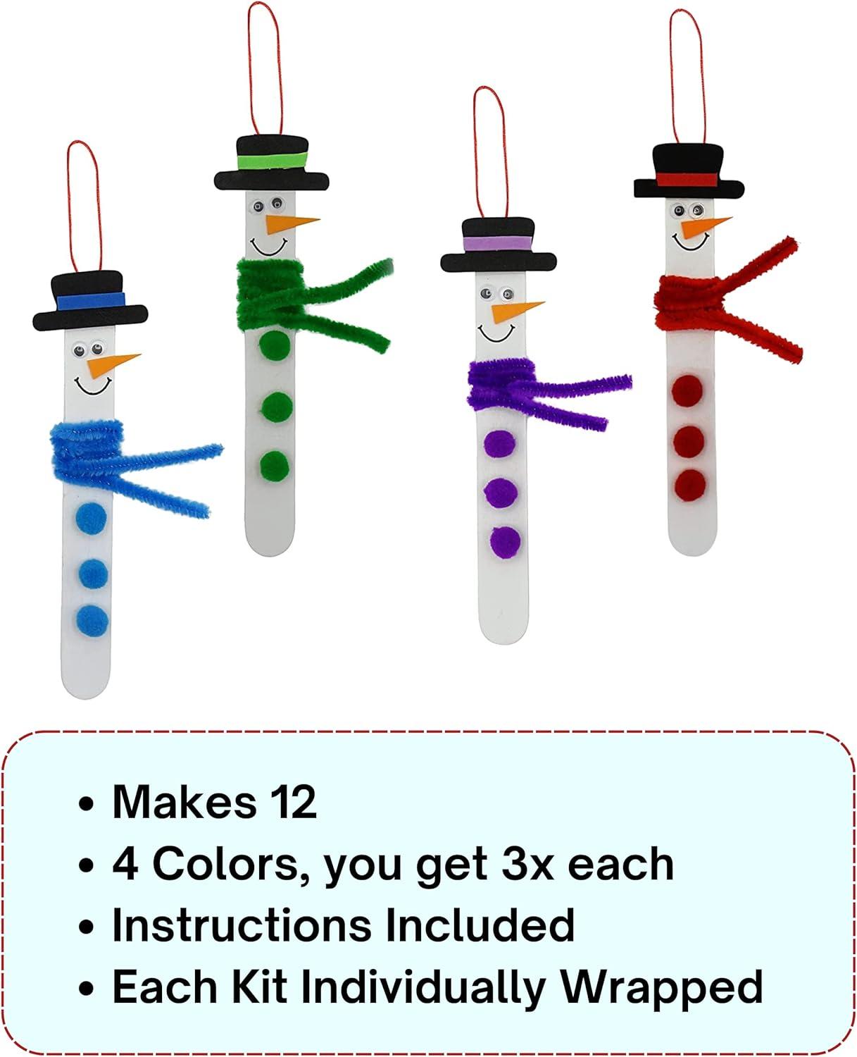 4E's Novelty 12 Pack Christmas Snowman Stick Ornament Craft Kit - Fun DIY Snowman Ornament Kit, Complete Snowman Popsicle Stick Craft for Ages 2-8