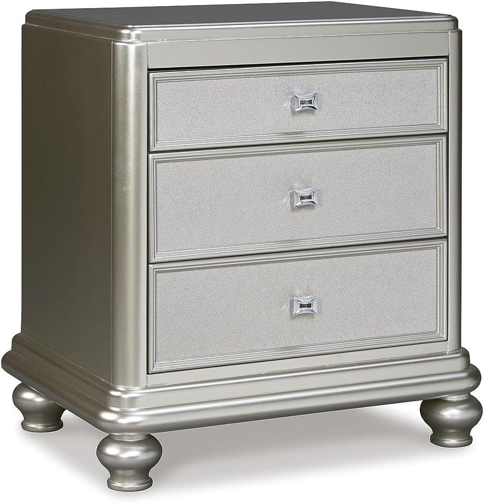Signature Design By Ashley Coralayne Glam 3 Drawer Nightstand With Faux Shagreen Drawer Fronts, Silver