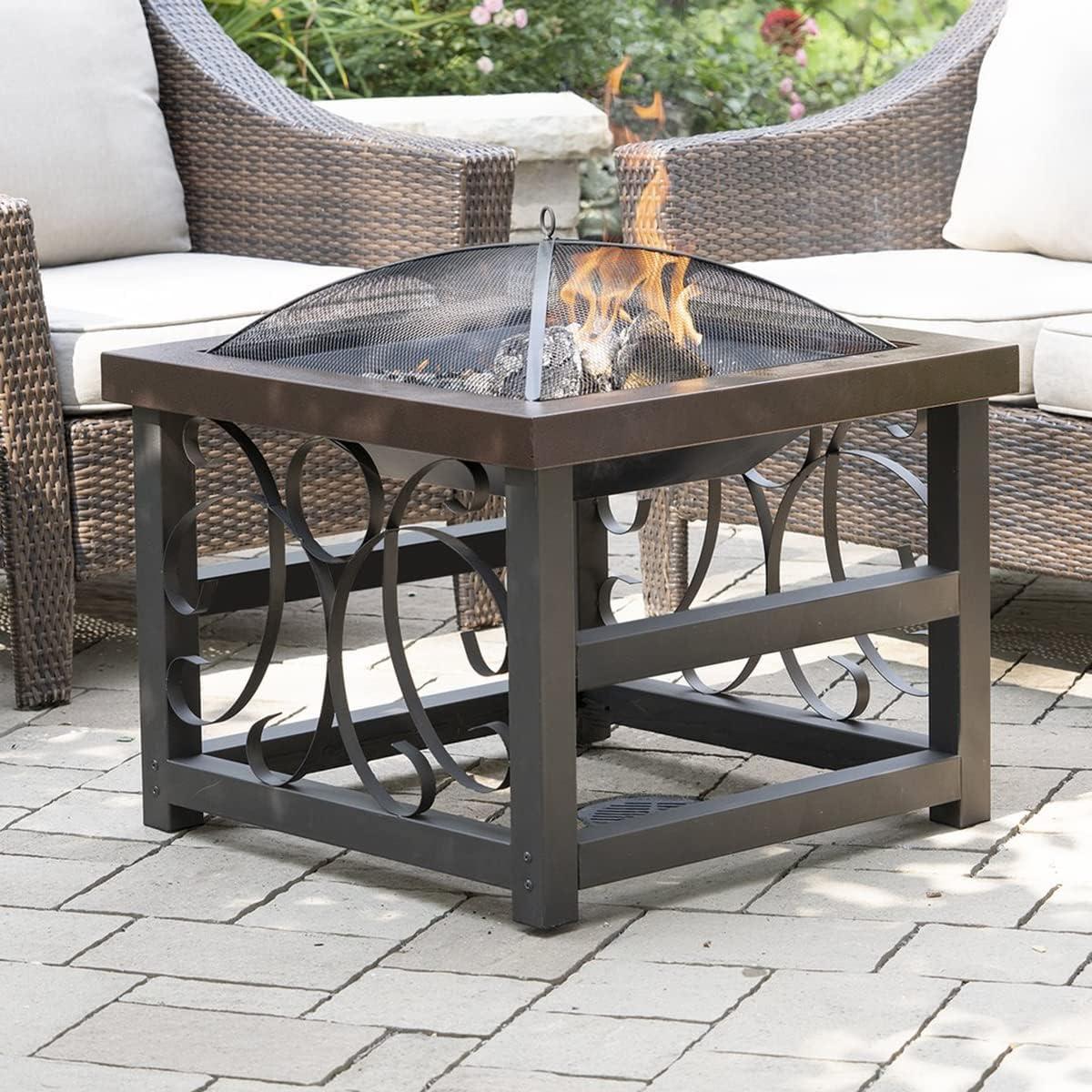 Blue Sky Outdoor Living 28” Square Raised Scroll Fire Pit with Log Grate, Spark Screen, and Lift, Tabletop-Style Steel Fire Pit, Bronze