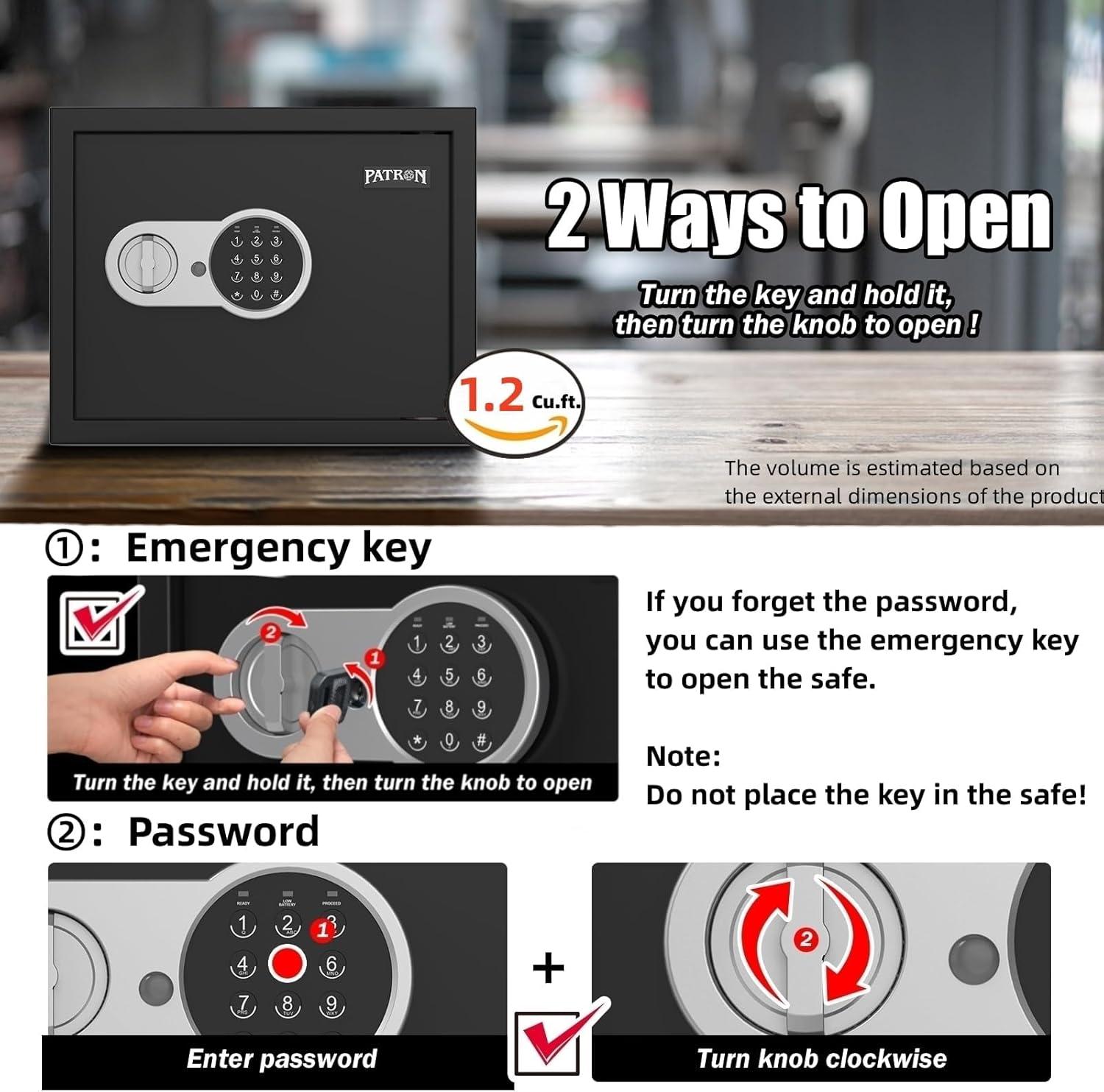 [ 1.2 Cu.ft. ]PATRON Safe Box with Key,Digital Security Home Safe,Cabinet Safes for Money Cash Documents,Wall Safes with Electronic Keypad,Removable Shelf for Office Hotel House Business,1.2 Cu.ft.