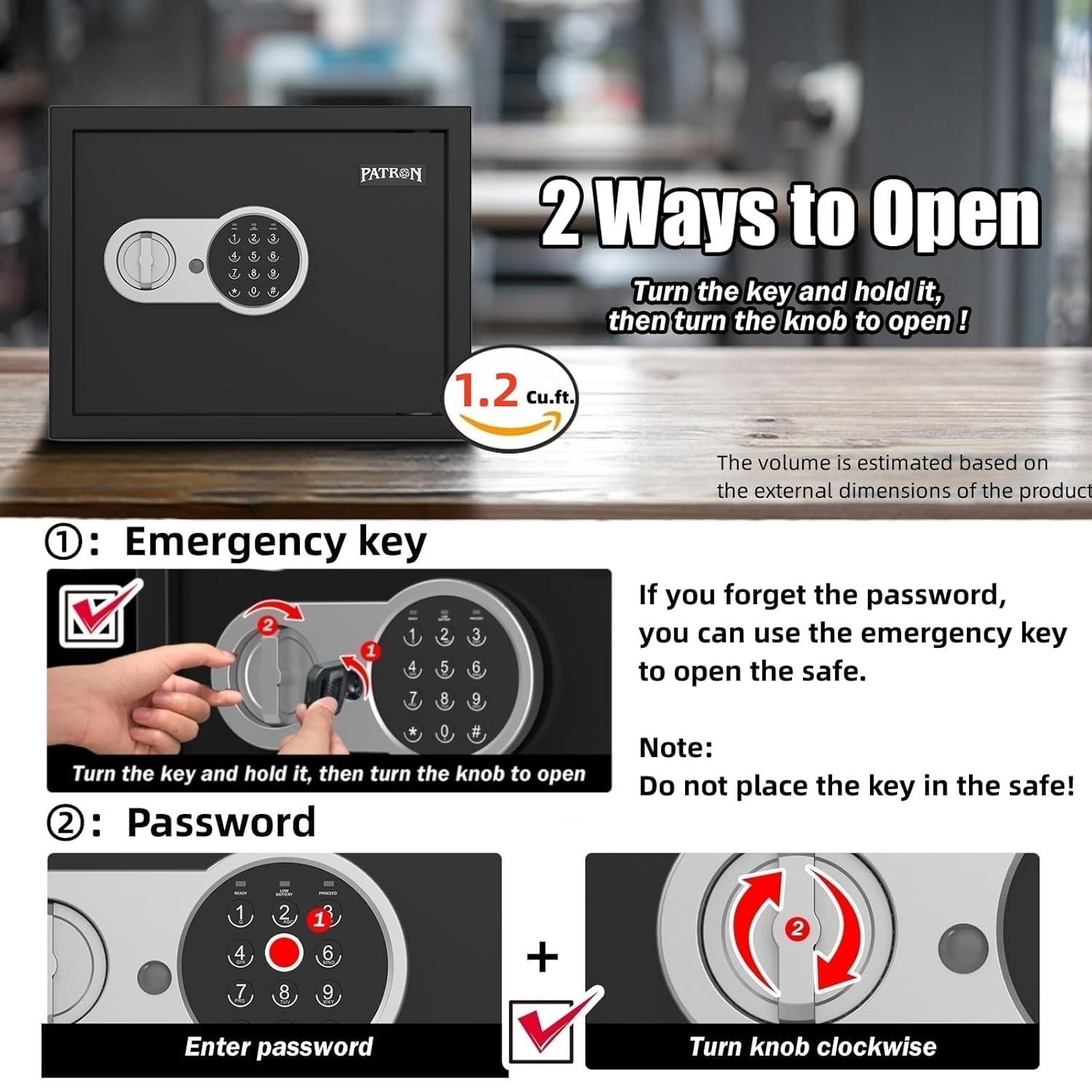 [ 1.2 Cu.ft. ]PATRON Safe Box with Key,Digital Security Home Safe,Cabinet Safes for Money Cash Documents,Wall Safes with Electronic Keypad,Removable Shelf for Office Hotel House Business,1.2 Cu.ft.