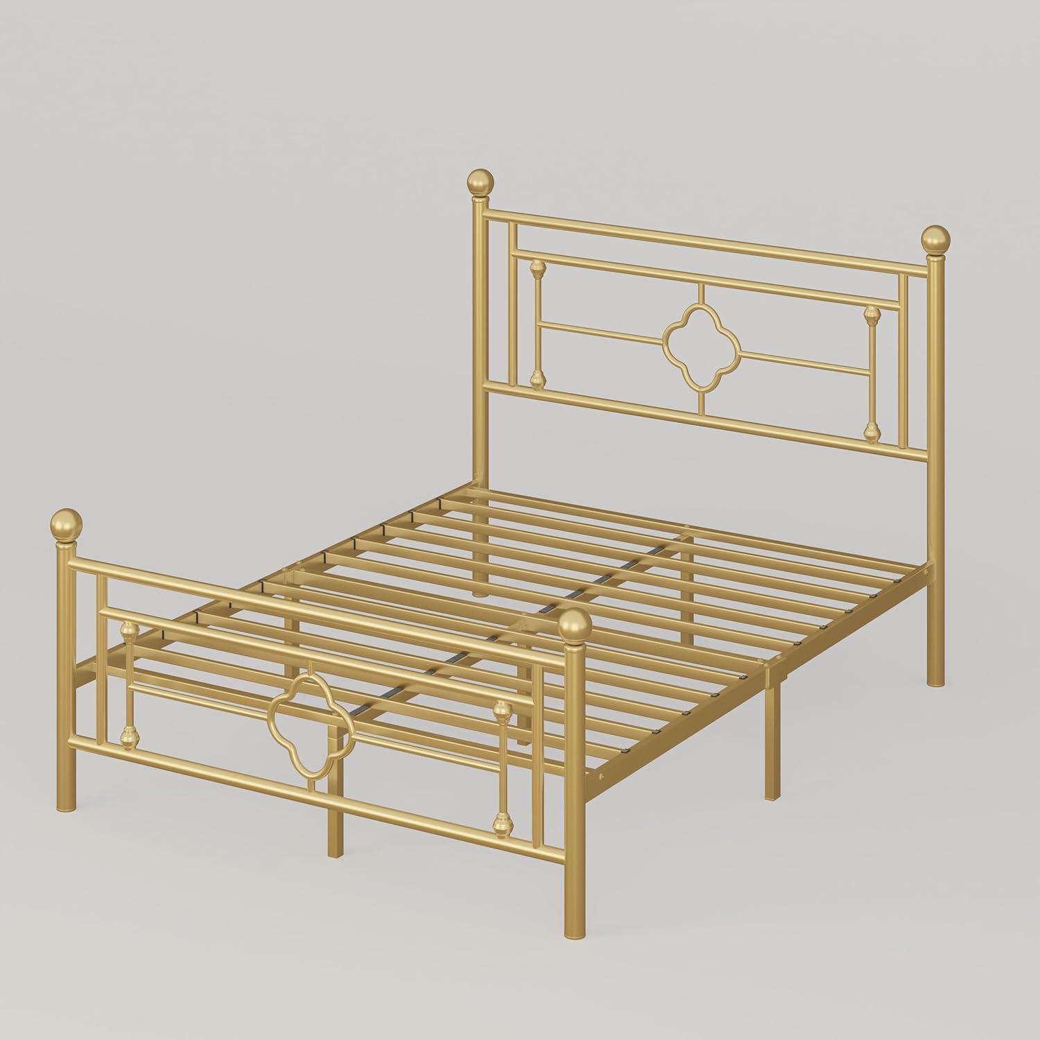 U-SHARE14 Inch Queen Size Metal Platform Bed Frame with Vintage Victorian Style, Wrought Iron Headboard/Mattress Foundation for Storage/No Box Spring Required/Easy Assembly/Gold