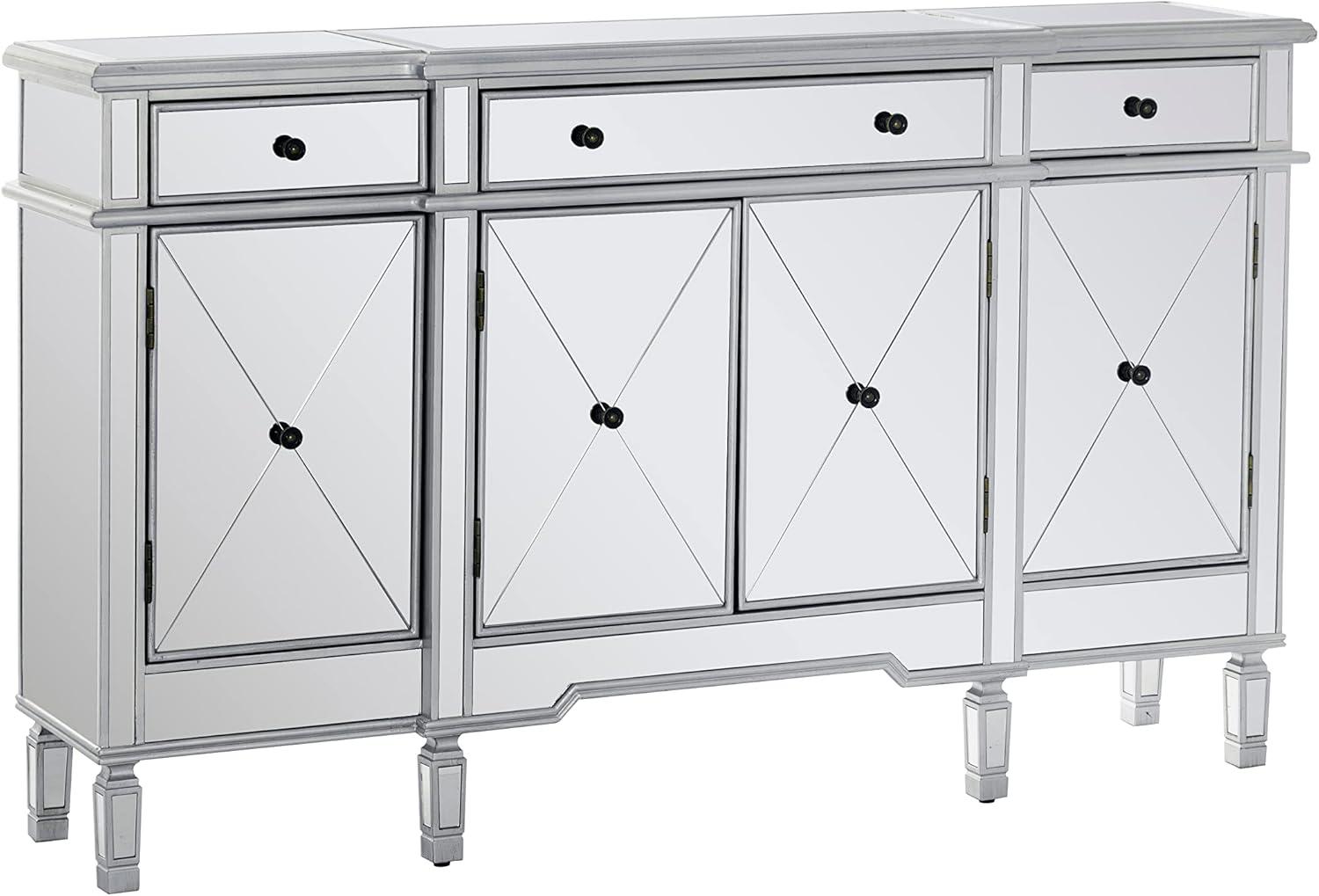 Silver Mirrored Glass TV Stand with Storage Drawers and Doors