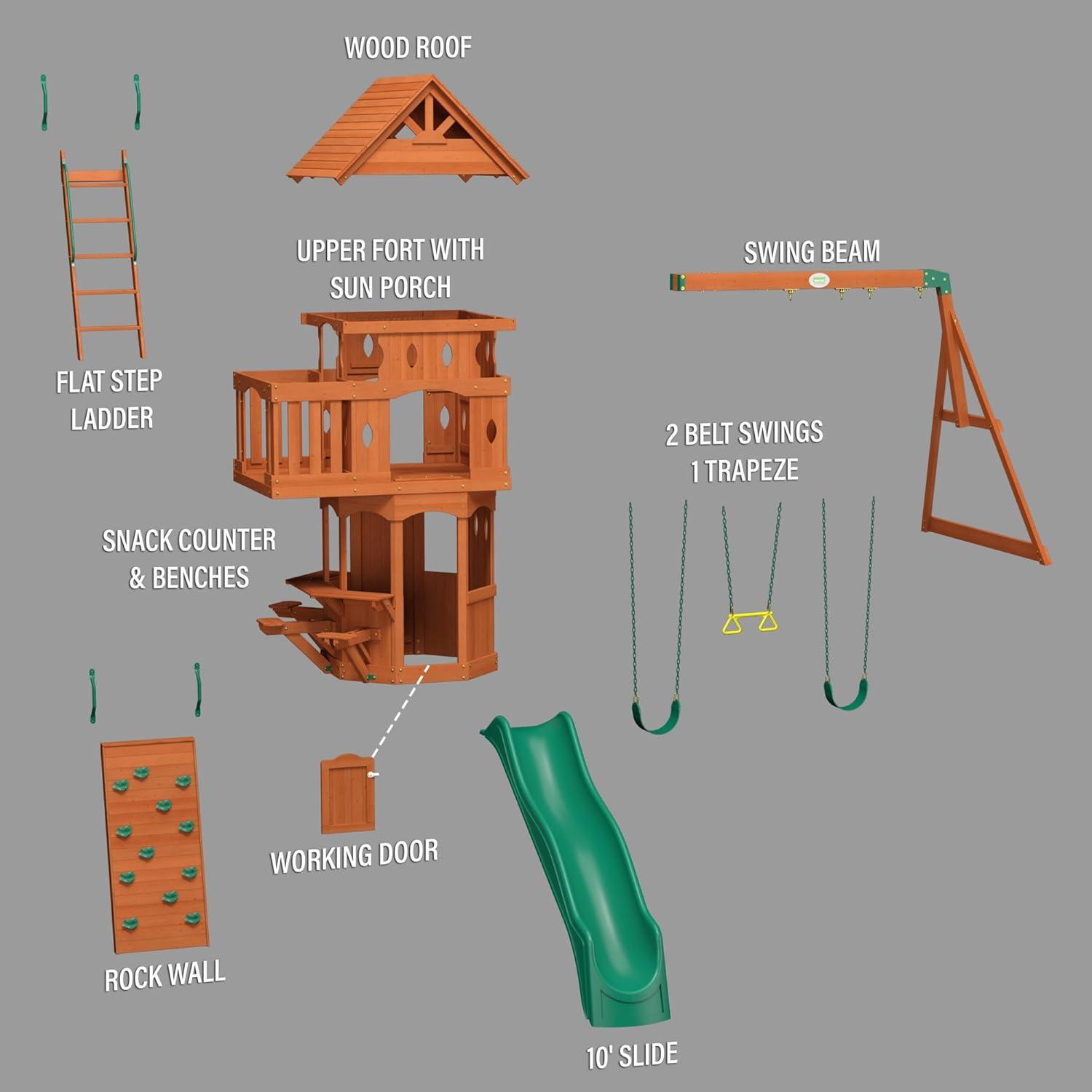 Woodland Cedar Wood Playset with Green Slide and Swings