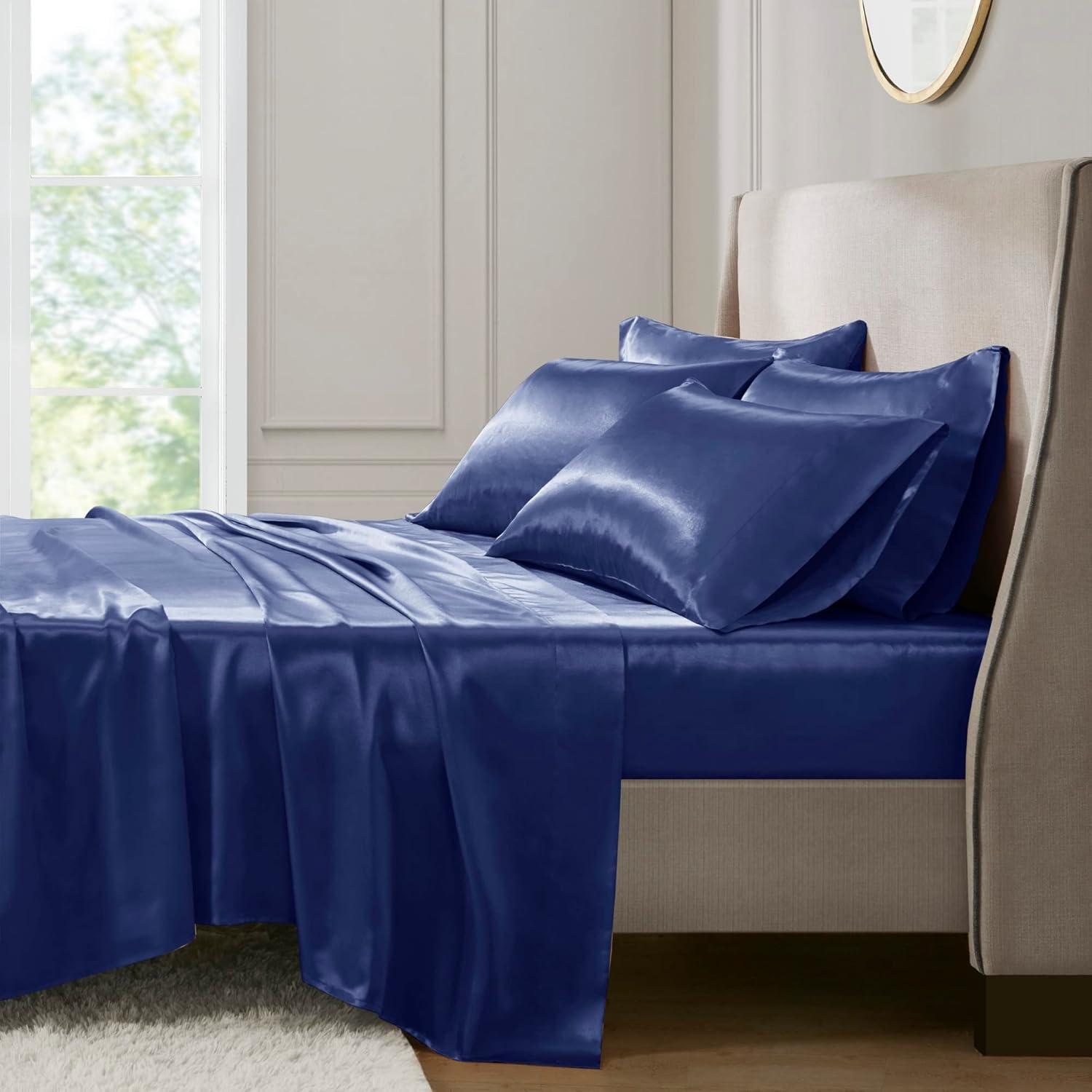Madison Park Essentials Satin Sheet Set Luxury and Silky with Natural Sheen, Elastic 14" Pocket fits up to 16" Mattress, All Around Elastic - Year-Round Bedding, Cal King, Navy, 6 Piece