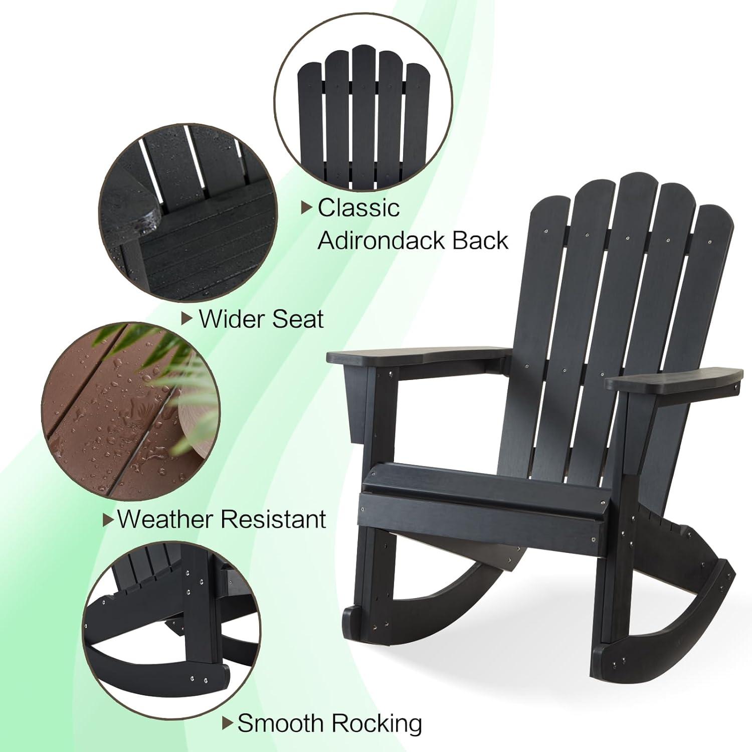Flash Furniture Set of 2 Savannah Commercial Grade All-Weather Poly Resin Wood Adirondack Rocking Chairs with Side Table in Black