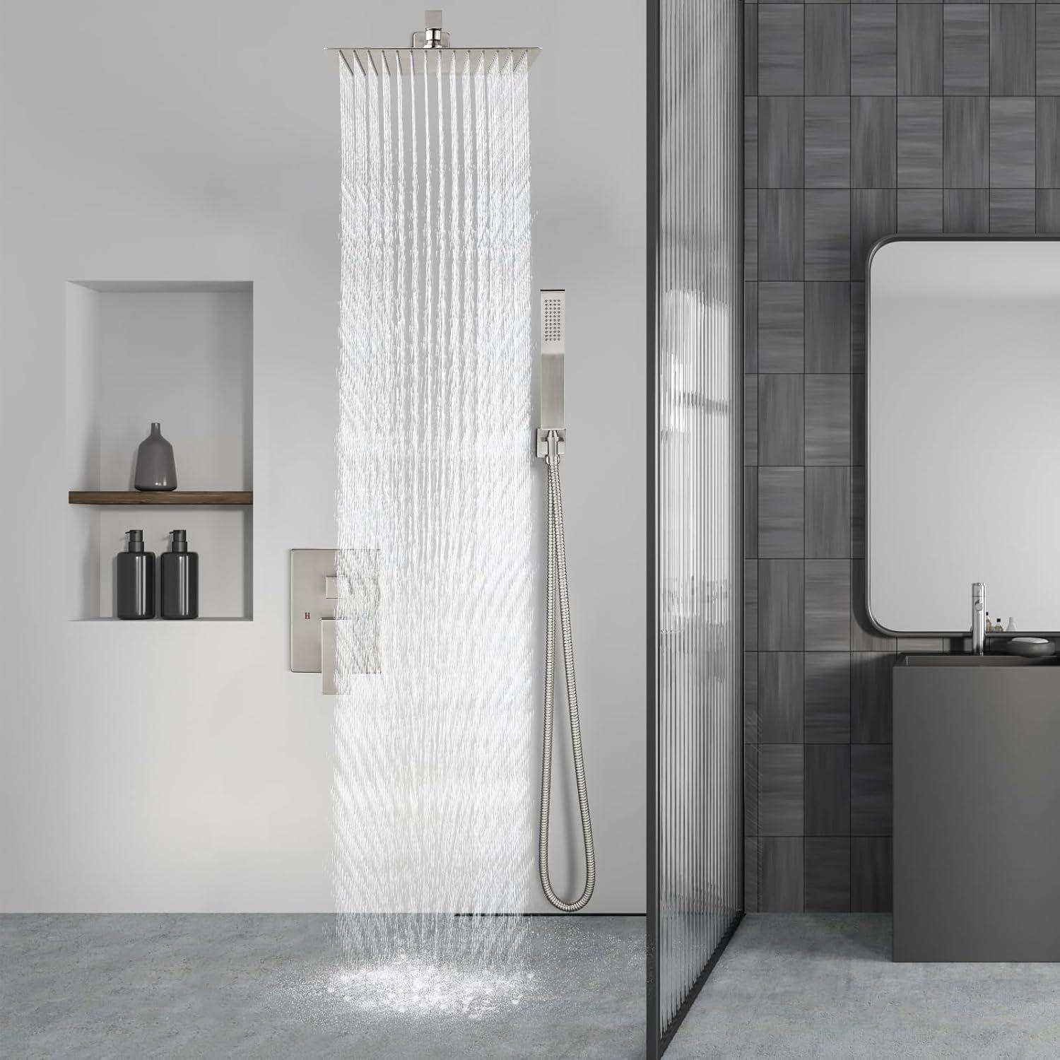 Aolemi Shower Faucet Set Rain Shower System with Handheld Spray Bathroom Shower Combo Rough-in Valve and Shower Trim Kit Included Brushed Nickel 8 Inch Wall Mount Shower Head