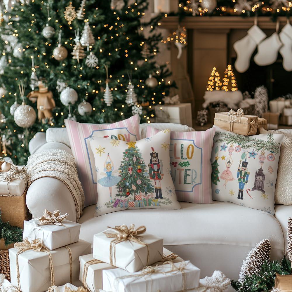 Pink Christmas Pillow Covers 18 x 18 Inch Set of 4 Striped Christmas Decorations Pink Christmas Tree Santa Claus Farmhouse Holiday Hello Winter Let it Snow Throw Pillows Cushion Case for Sofa Couch