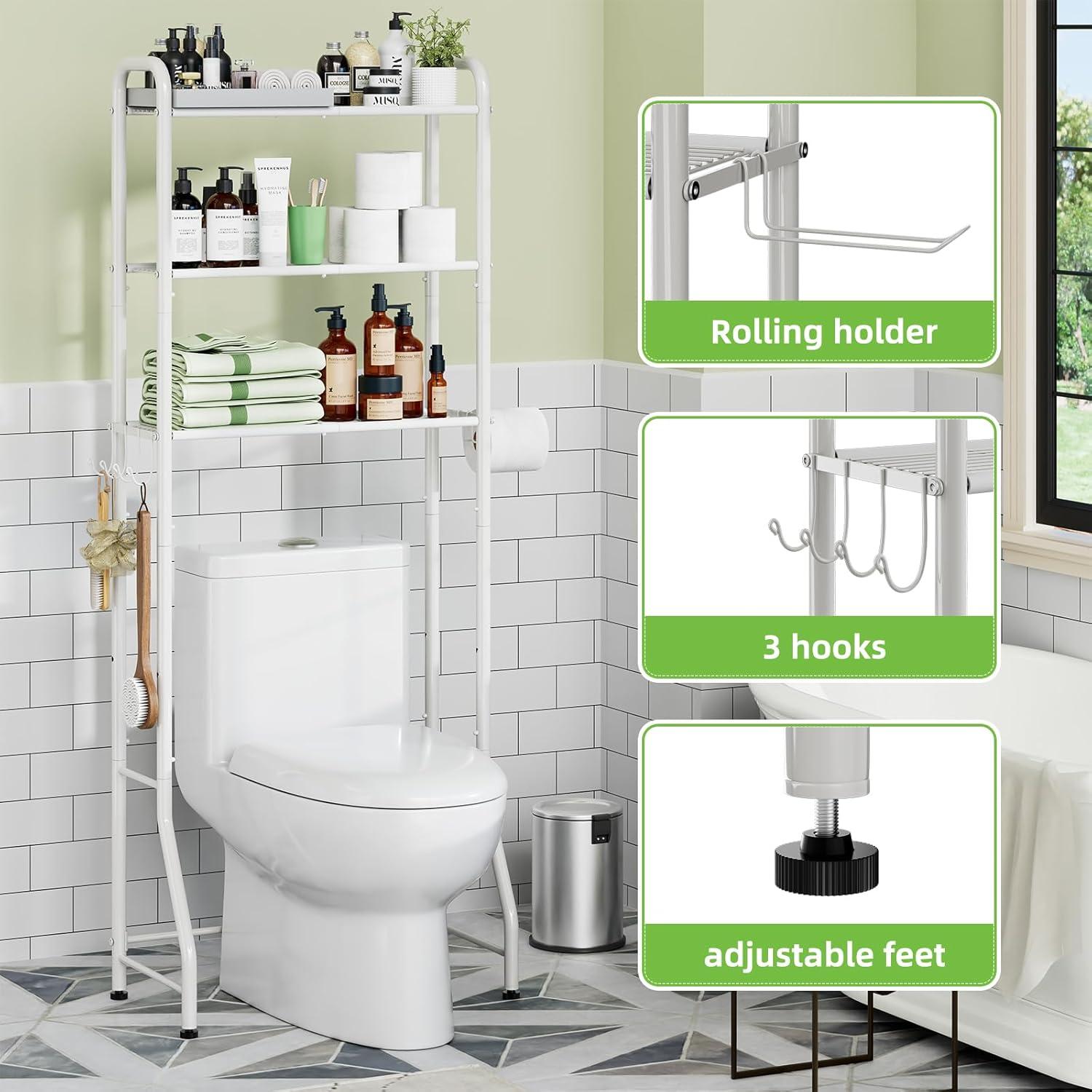 Over The Toilet Storage Shelf For Bathroom, 3-Tier Above Toilet Rack Bathroom Organizer With Adjustable Shelves And Hanging Hooks, Easy To Assemble & Space Saving, White