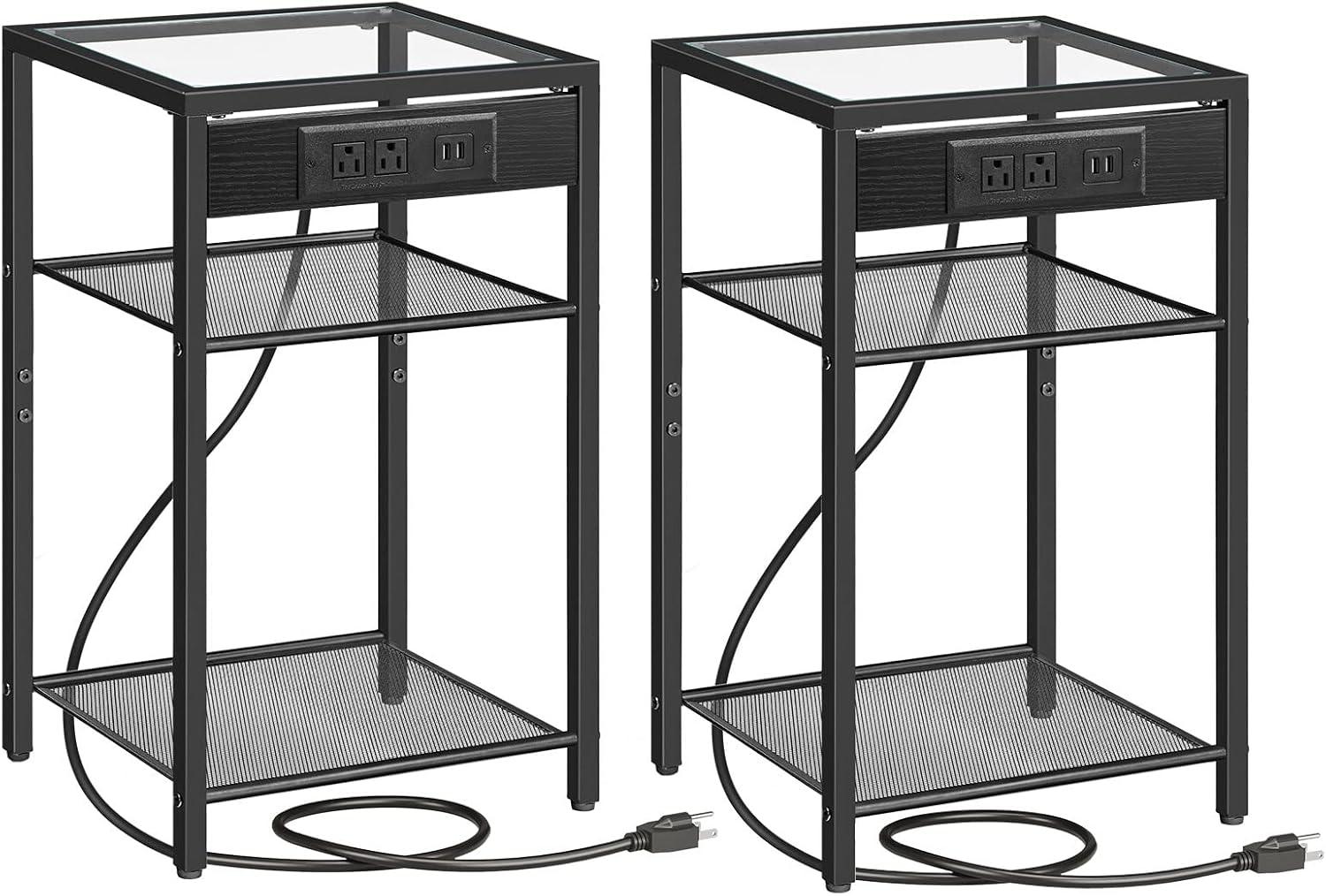 End Table Set of 2 with Charging Station and USB Ports, 3-Tier Nightstands with Adjustable Shelf, Small Side Tables for Small Space in Living Room, Bedroom and Balcony, Black BB112BZP201