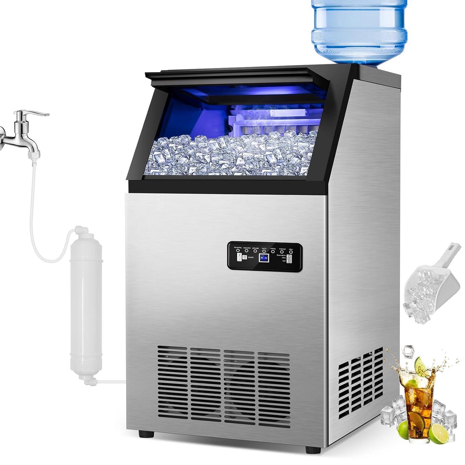 Commercial Maker 120 lb./24 H Freestanding Ice Maker Machine with 35 lbs. Storage, 2 Water Inlet Modes, Stainless Steel
